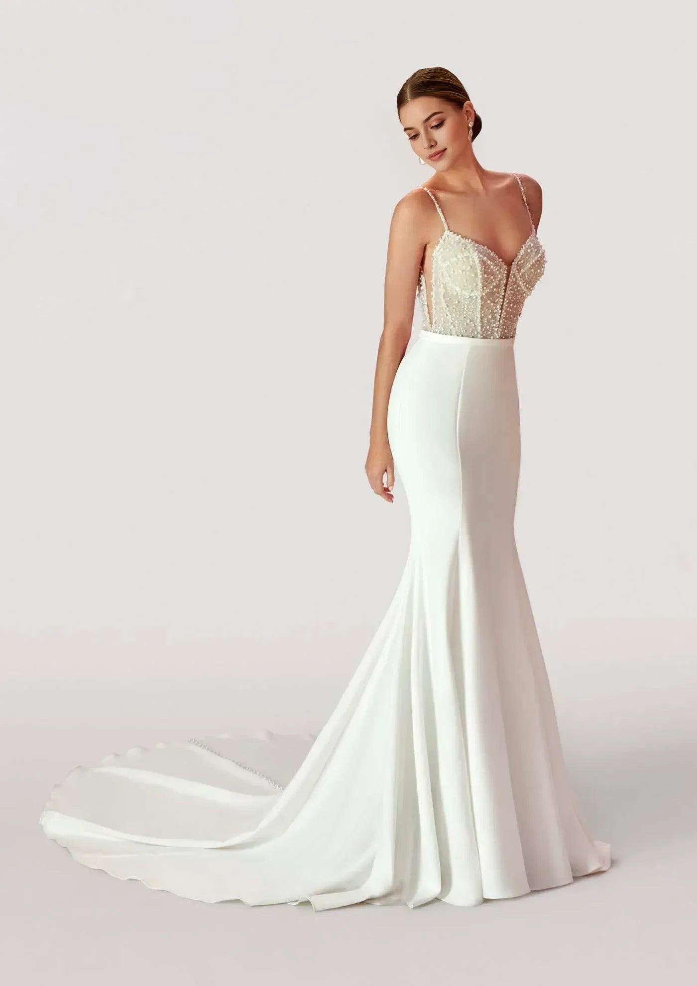 Radiant Trumpet Sweetheart Neckline Spaghetti Strap Button Back Floor Length Wedding Dress