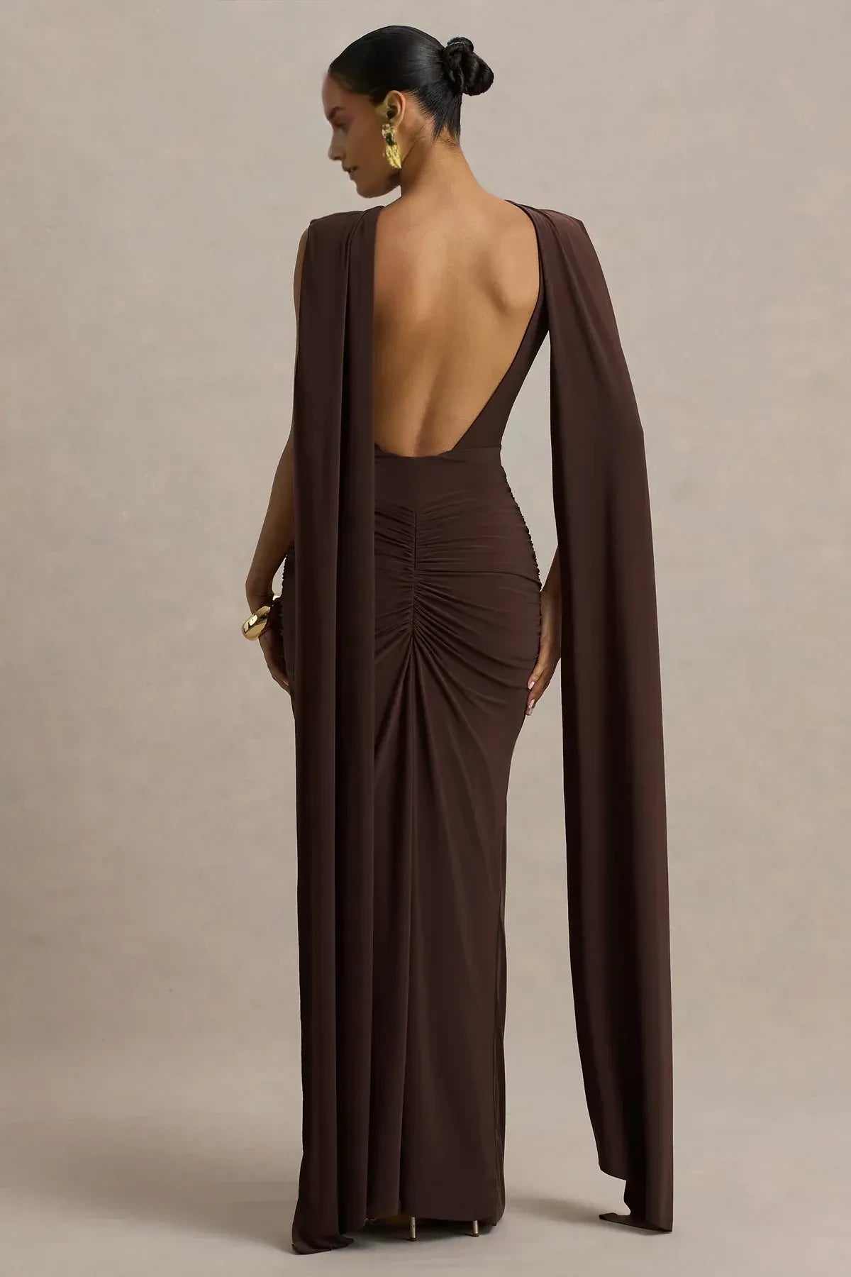Ravishing Sheath High Neck Draped Sleeve Open Back Floor Length Evening Dress