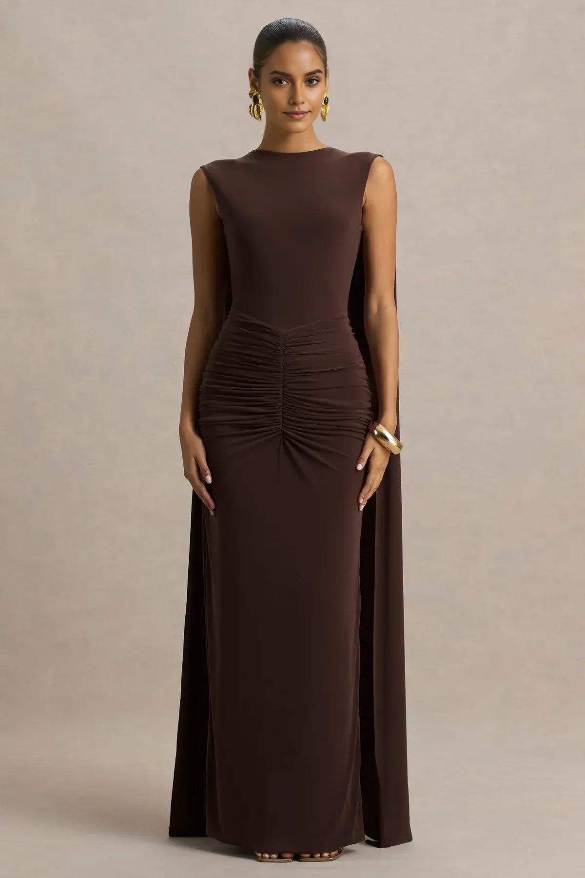 Ravishing Sheath High Neck Draped Sleeve Open Back Floor Length Evening Dress