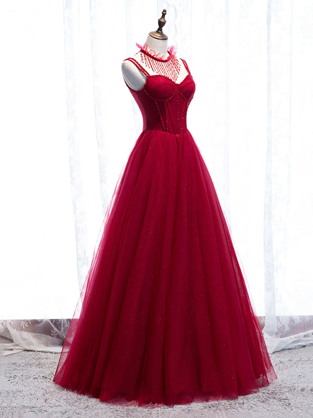 Red Floor Length Red Spaghetti Strap Tulle Party Dress Prom Dress Party Dress
