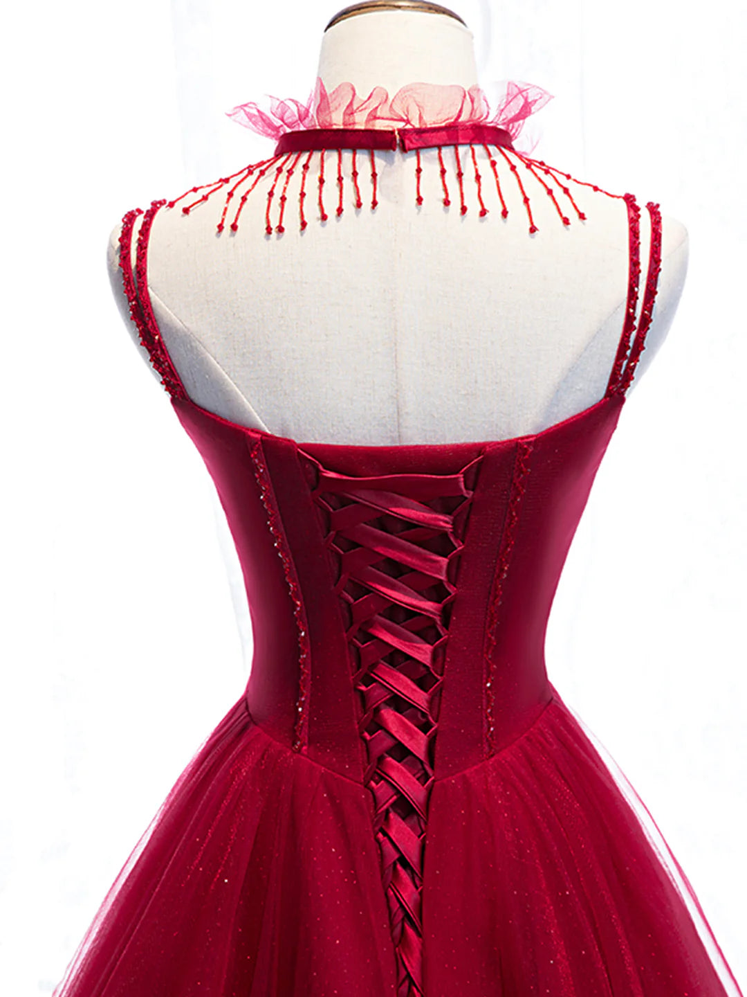 Red Floor Length Red Spaghetti Strap Tulle Party Dress Prom Dress Party Dress