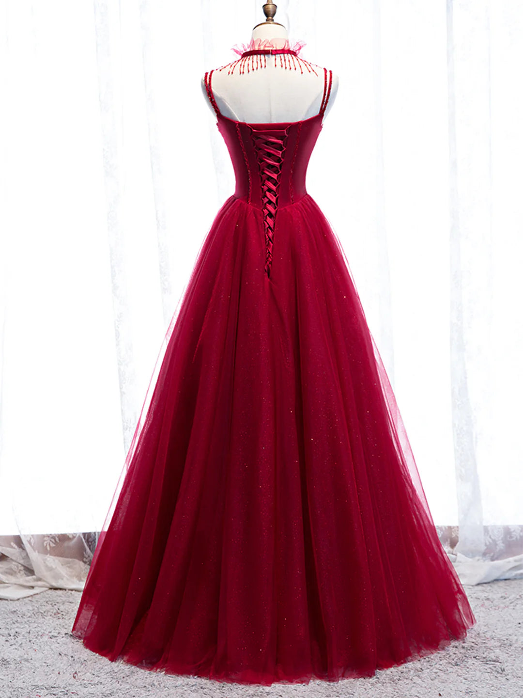 Red Floor Length Red Spaghetti Strap Tulle Party Dress Prom Dress Party Dress