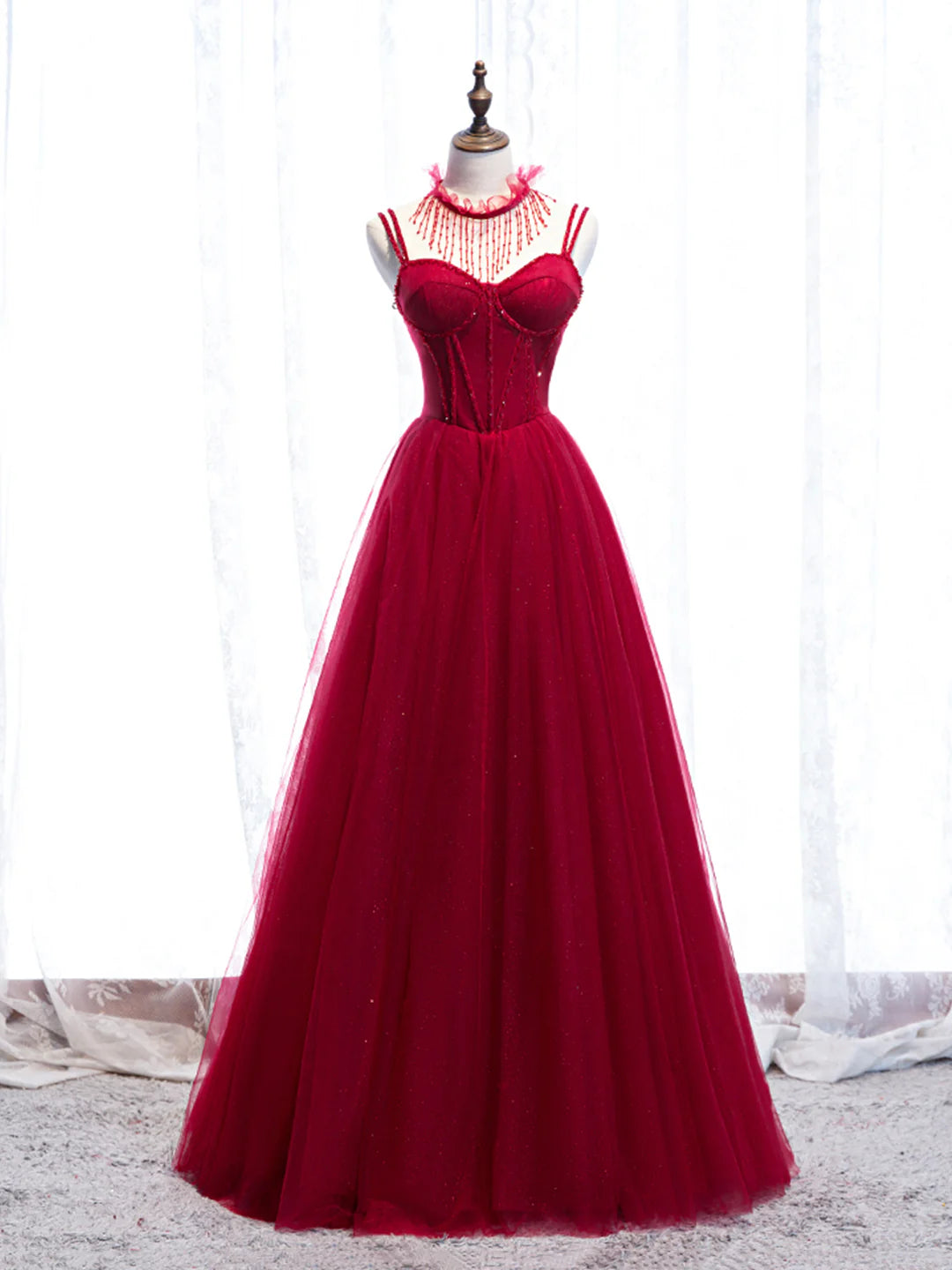 Red Floor Length Red Spaghetti Strap Tulle Party Dress Prom Dress Party Dress