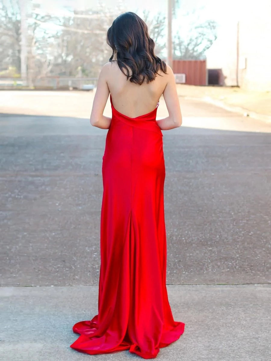Red Halter Backless Satin Mermaid Long Sleeveless Lace Up With Slit Party Dresses Homecoming Dress Prom Dress