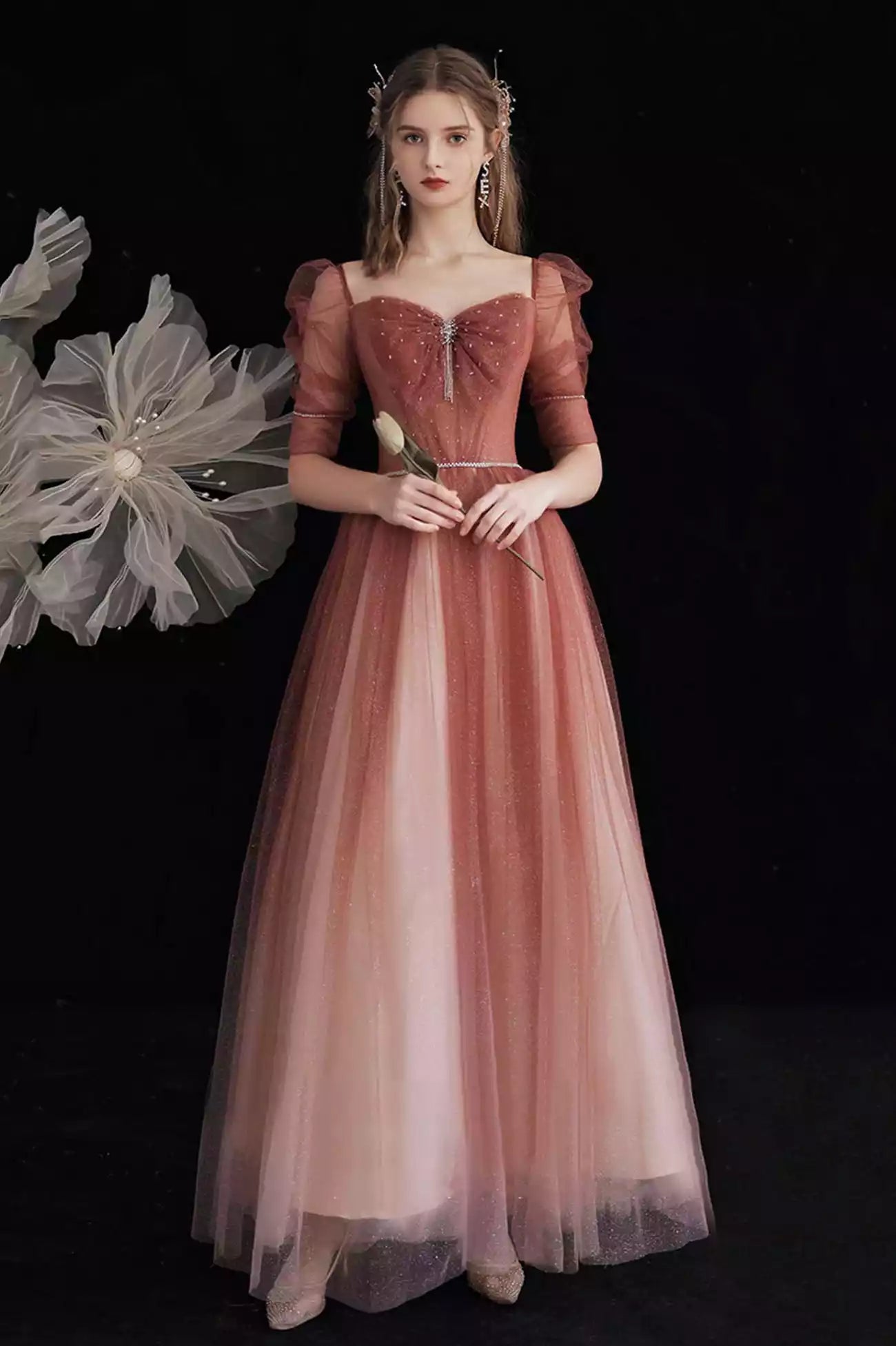 Red Junior Red Gradient Beaded Tulle A-Line Long Formal Dress Prom Dress