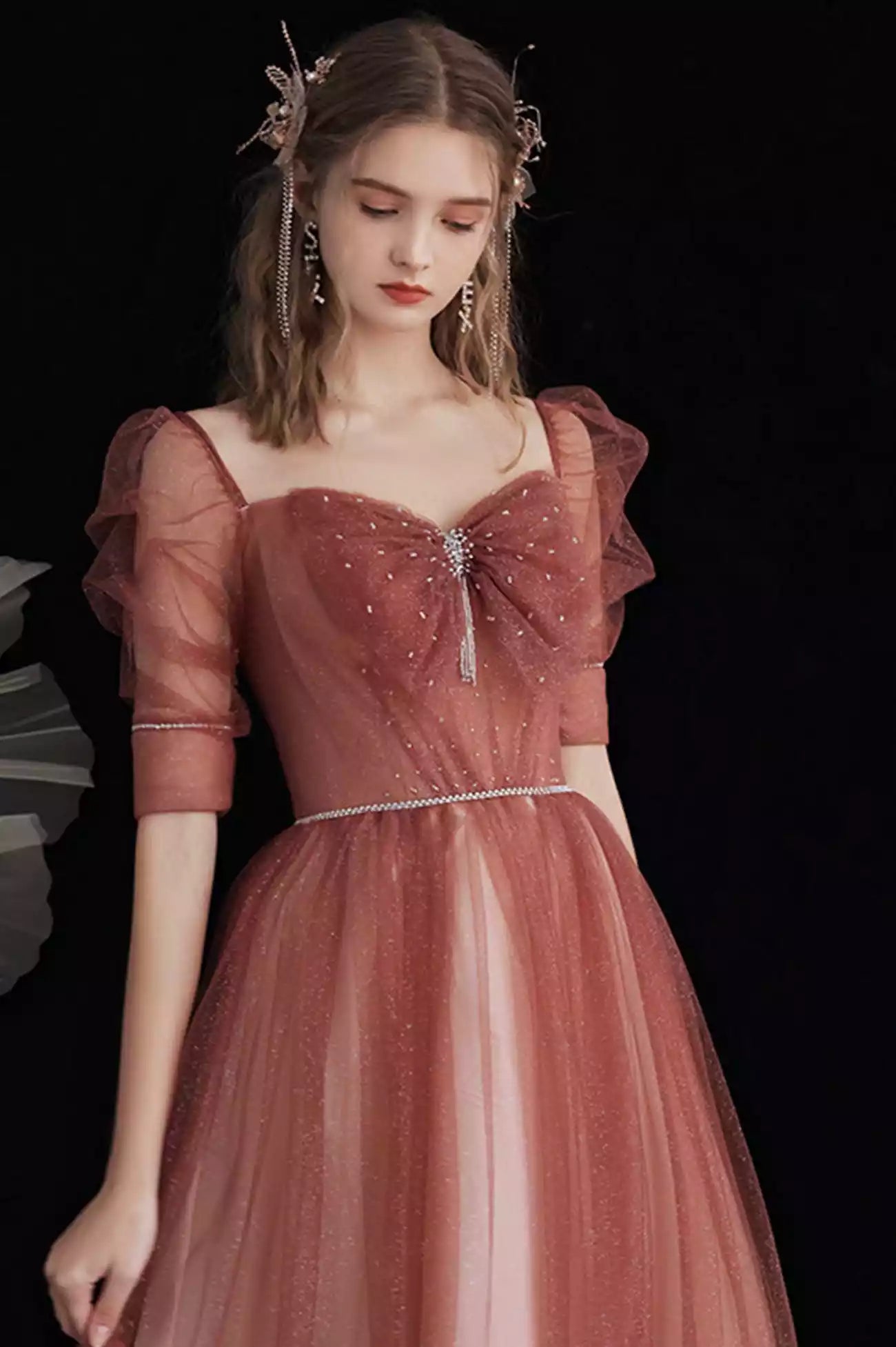 Red Junior Red Gradient Beaded Tulle A-Line Long Formal Dress Prom Dress