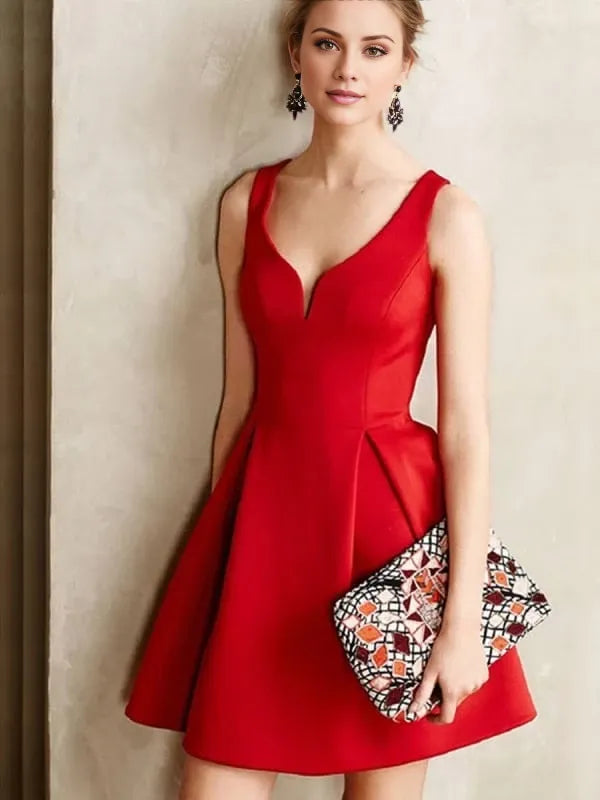 Red Satin Cute V Neck Sleeveless Red Short Prom Homecoming Formal Red Evening Party Dresses Homecoming Dresses