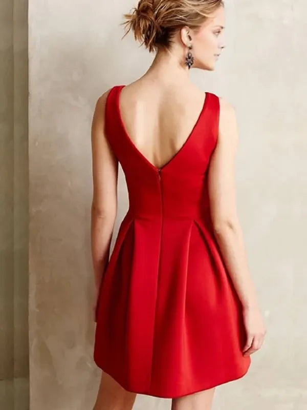 Red Satin Cute V Neck Sleeveless Red Short Prom Homecoming Formal Red Evening Party Dresses Homecoming Dresses