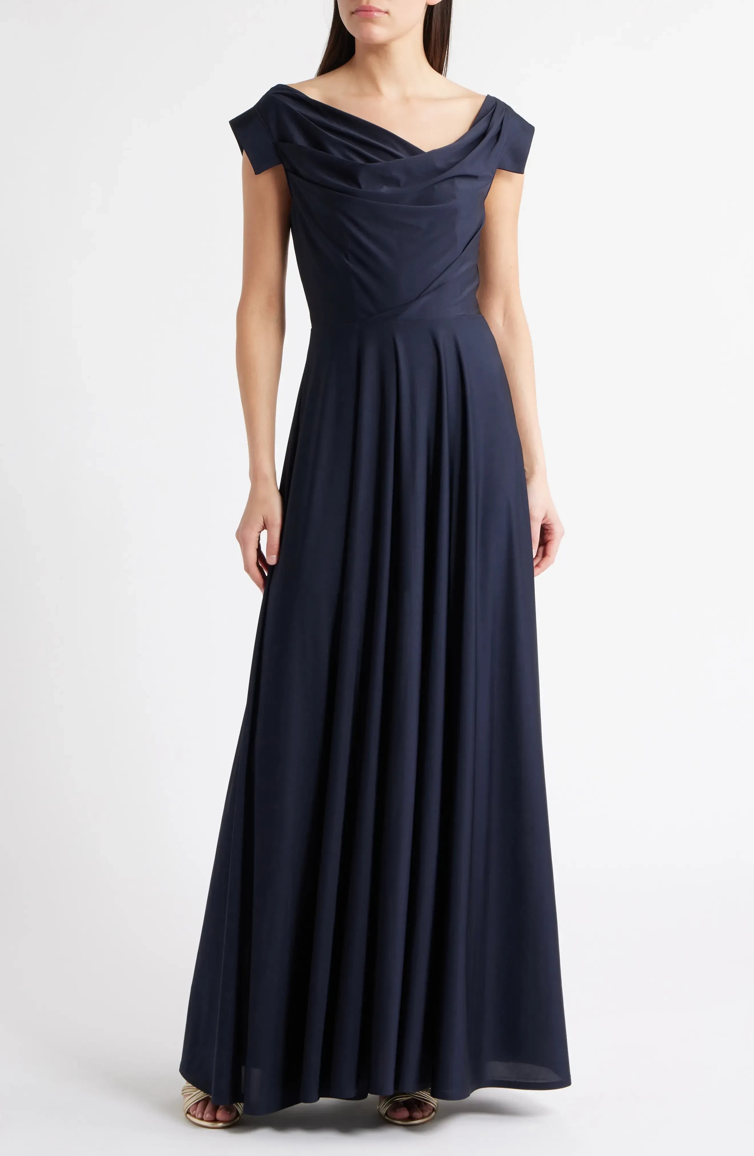 Refined A Line Cowl Neck Cap Sleeve V Back Floor Length Evening Dress