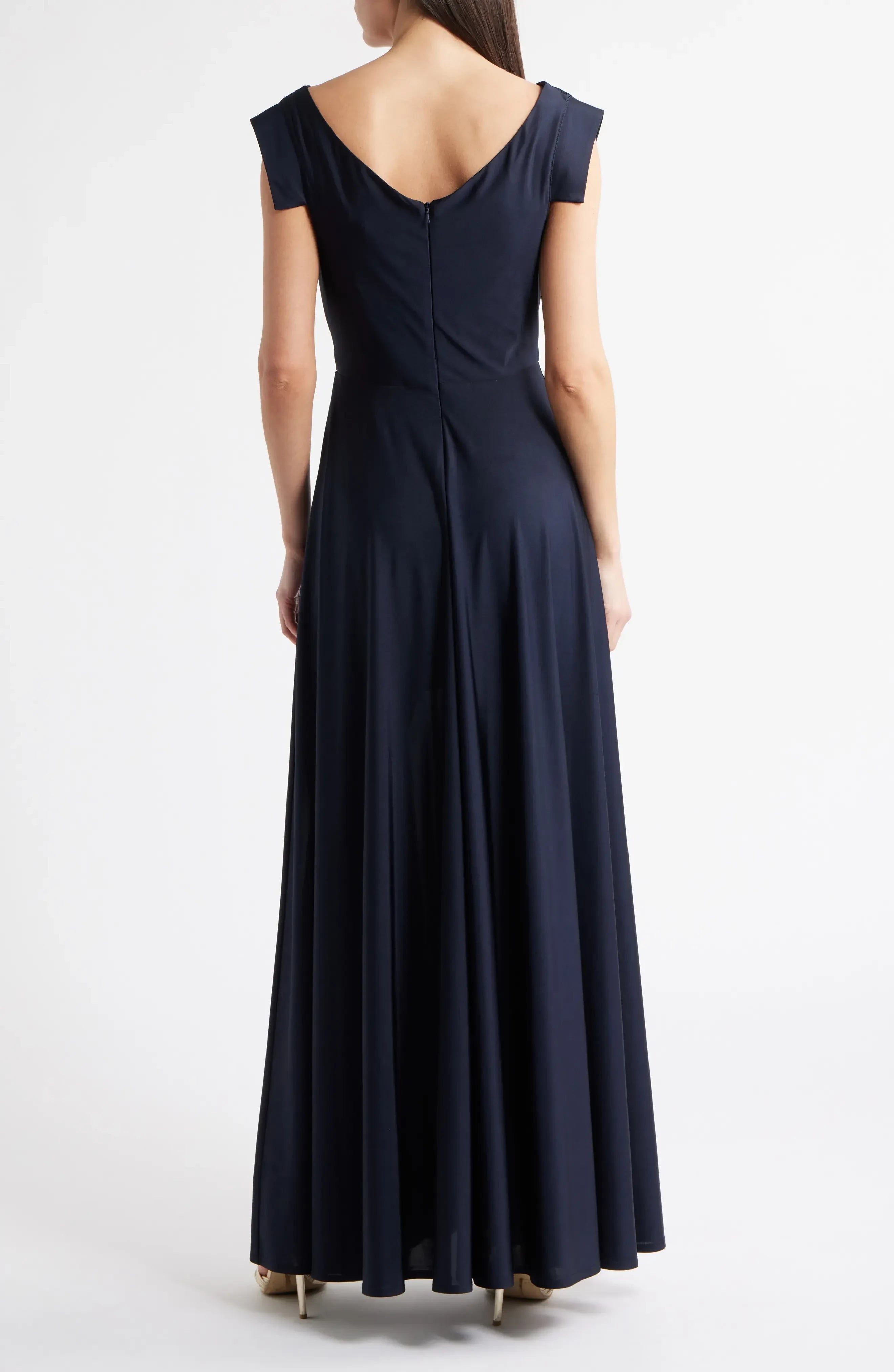 Refined A Line Cowl Neck Cap Sleeve V Back Floor Length Evening Dress