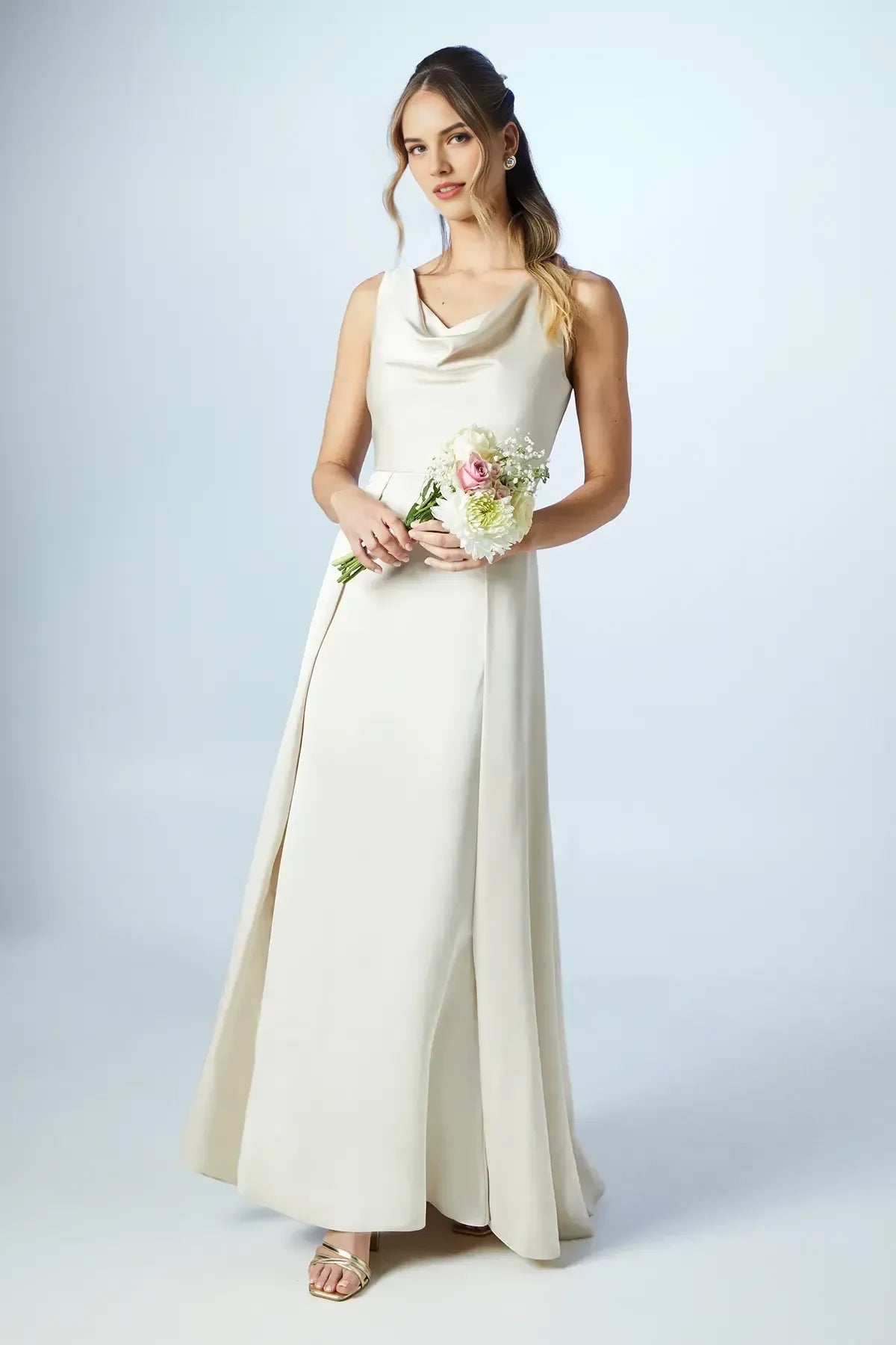 Refined A Line Cowl Neck Sleeveless Zipper Back Floor Length Bridesmaid Dress