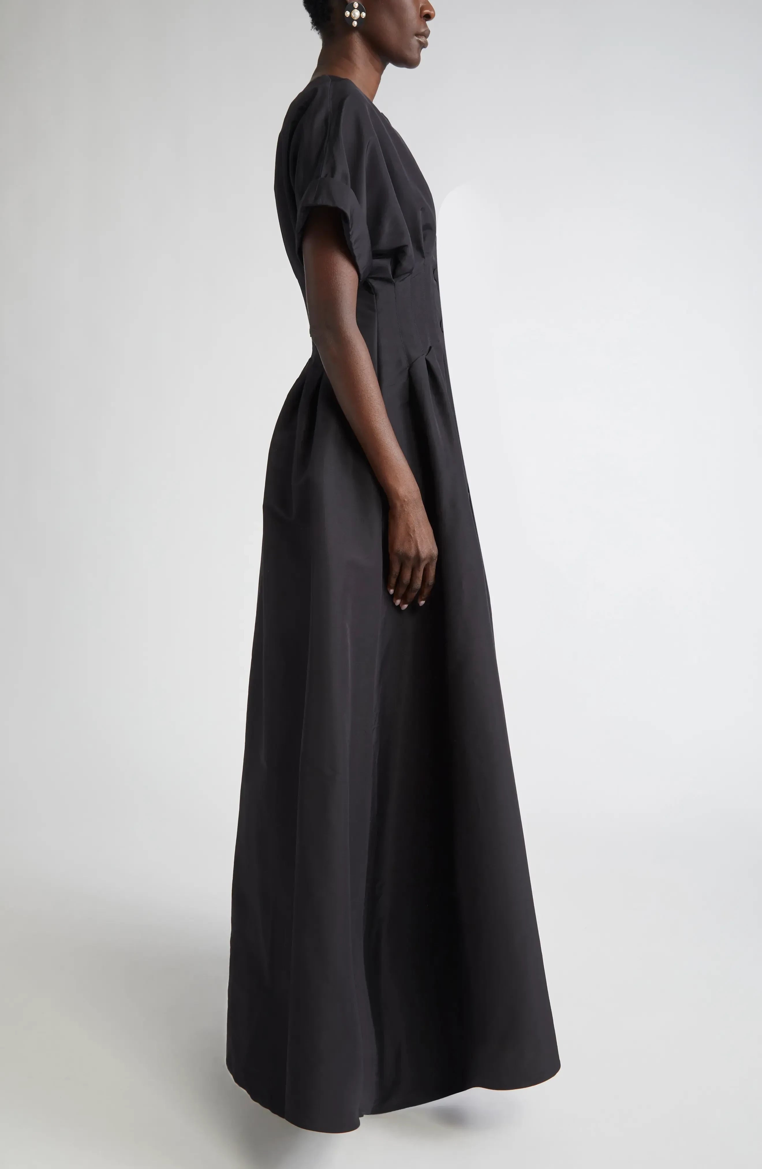 Refined A Line Crew Neck Short Sleeve Button Back Floor Length Evening Dress