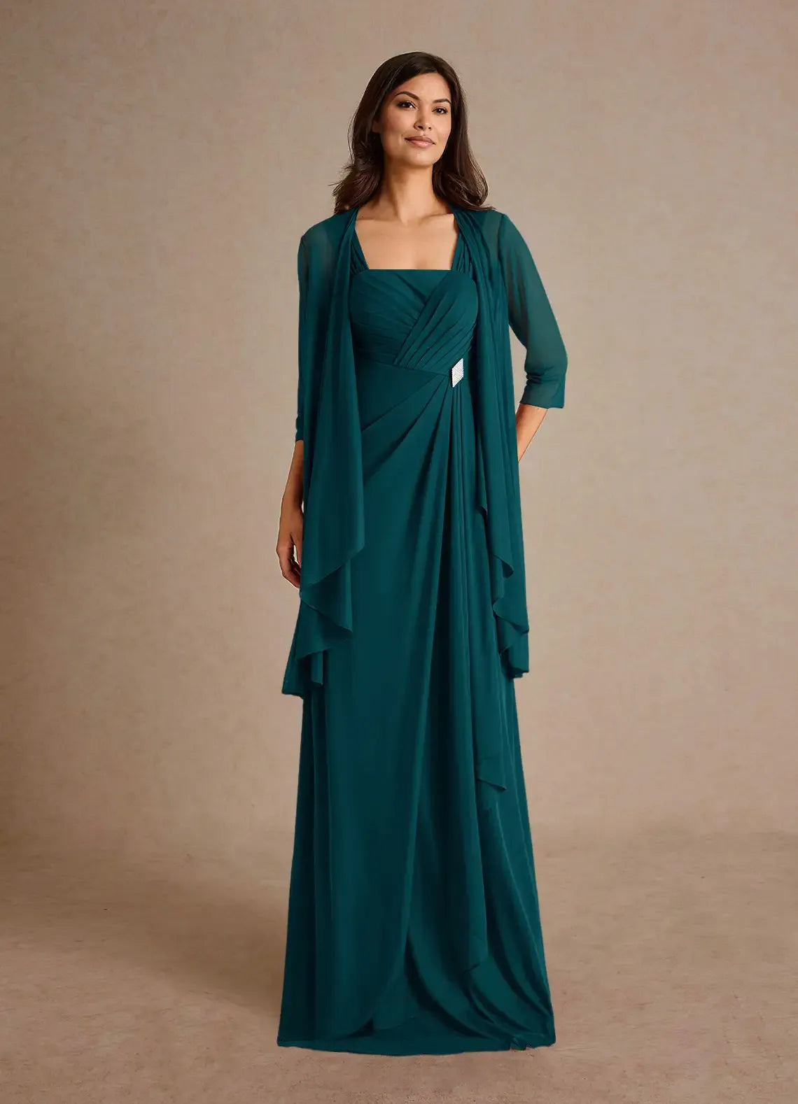 Refined A Line Square Neck Sleeveless Zipper Back Floor Length Mother of the Bride Dress with Chiffon Jacket