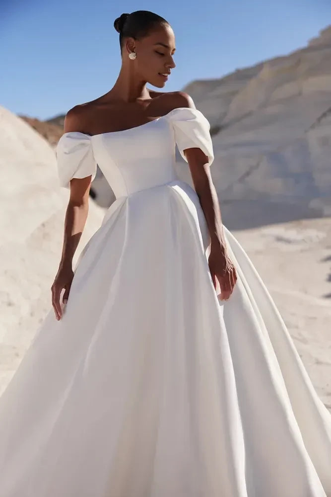 Refined Ball Gown Off Shoulder Puff Short Sleeve Open Back Long Length Wedding Dress