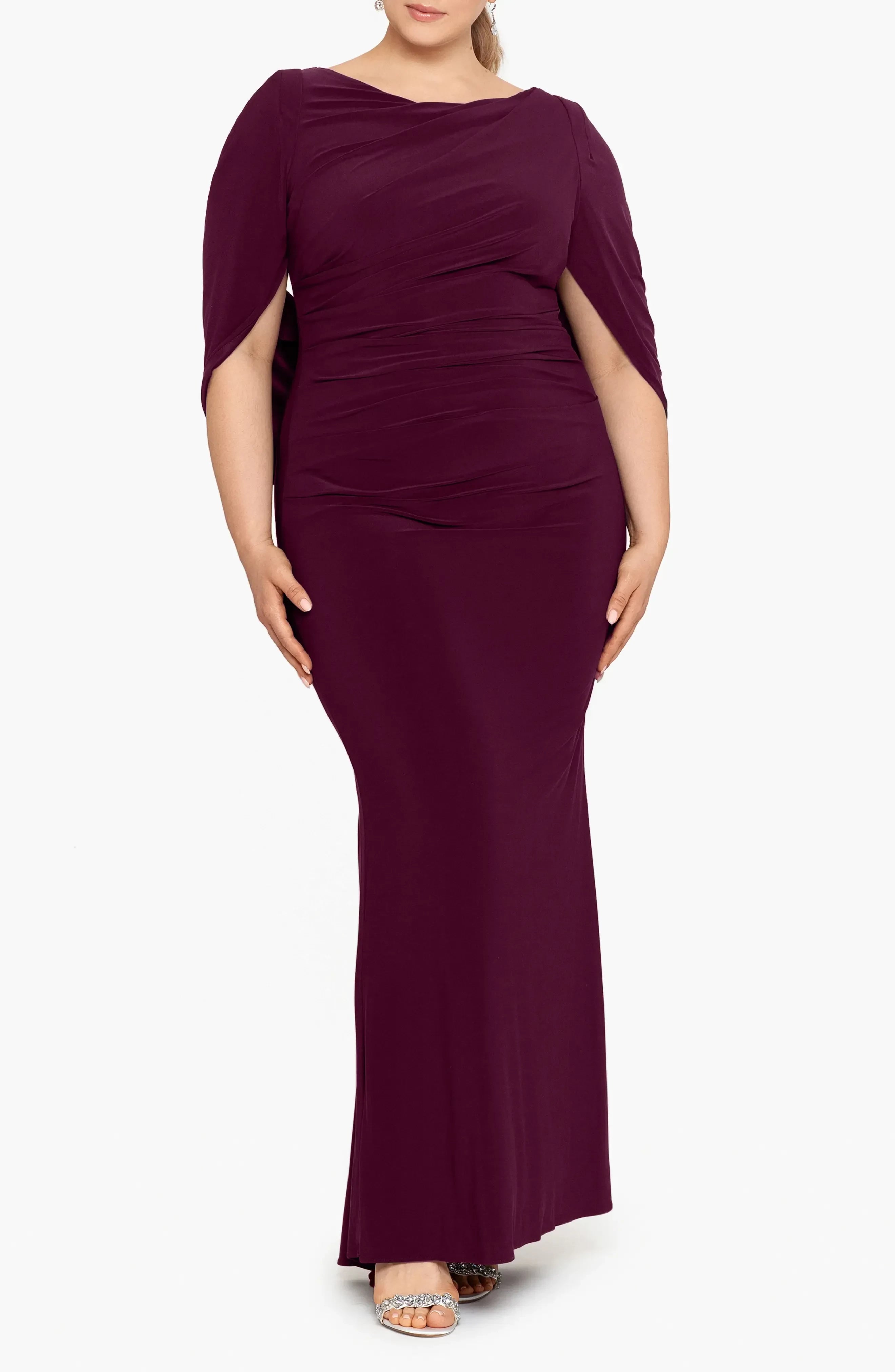 Refined Mermaid Plus Size Draped Neck Draped Sleeve Zipper Back Floor  Length Evening Dress