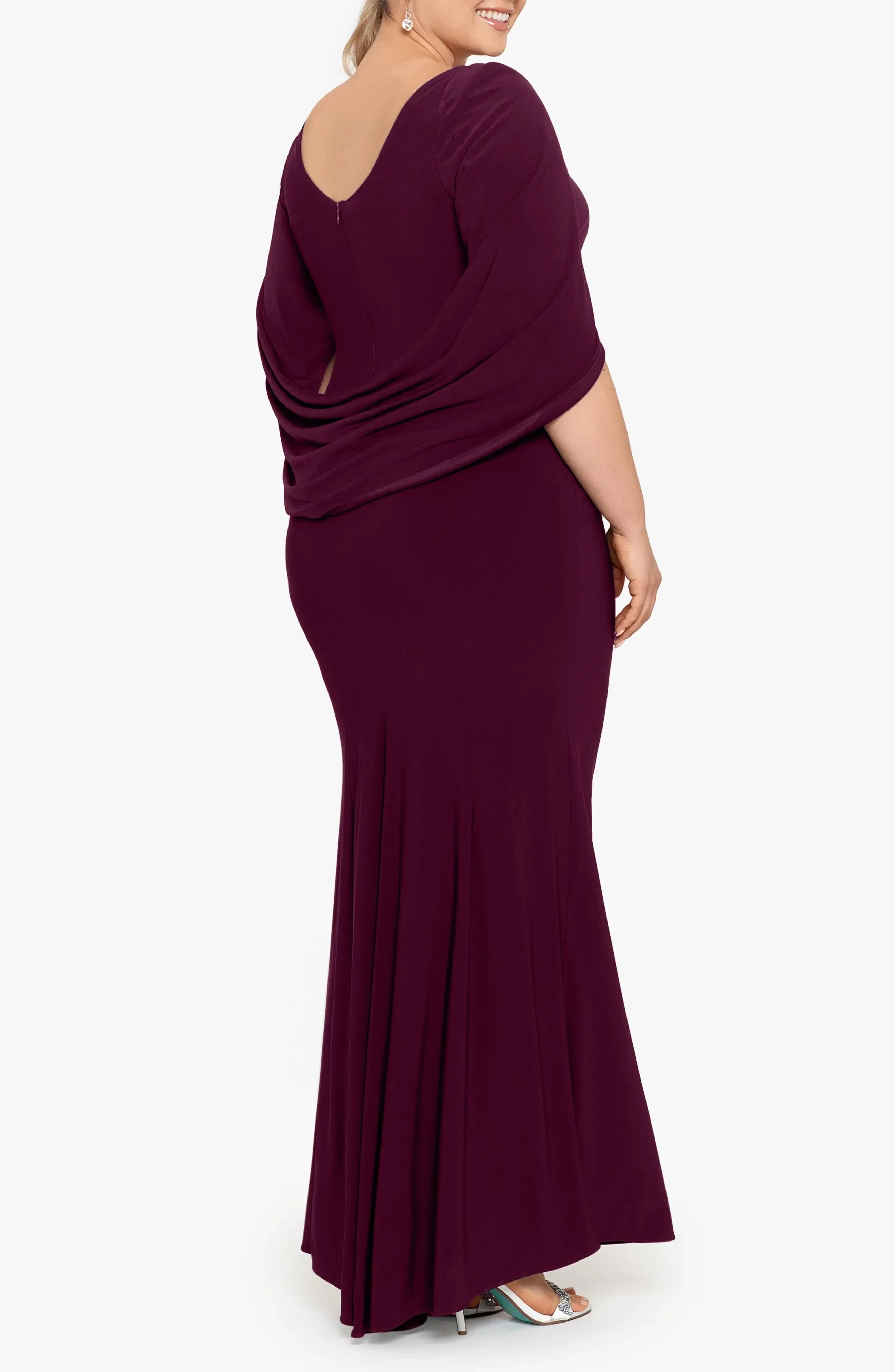 Refined Mermaid Plus Size Draped Neck Draped Sleeve Zipper Back Floor  Length Evening Dress