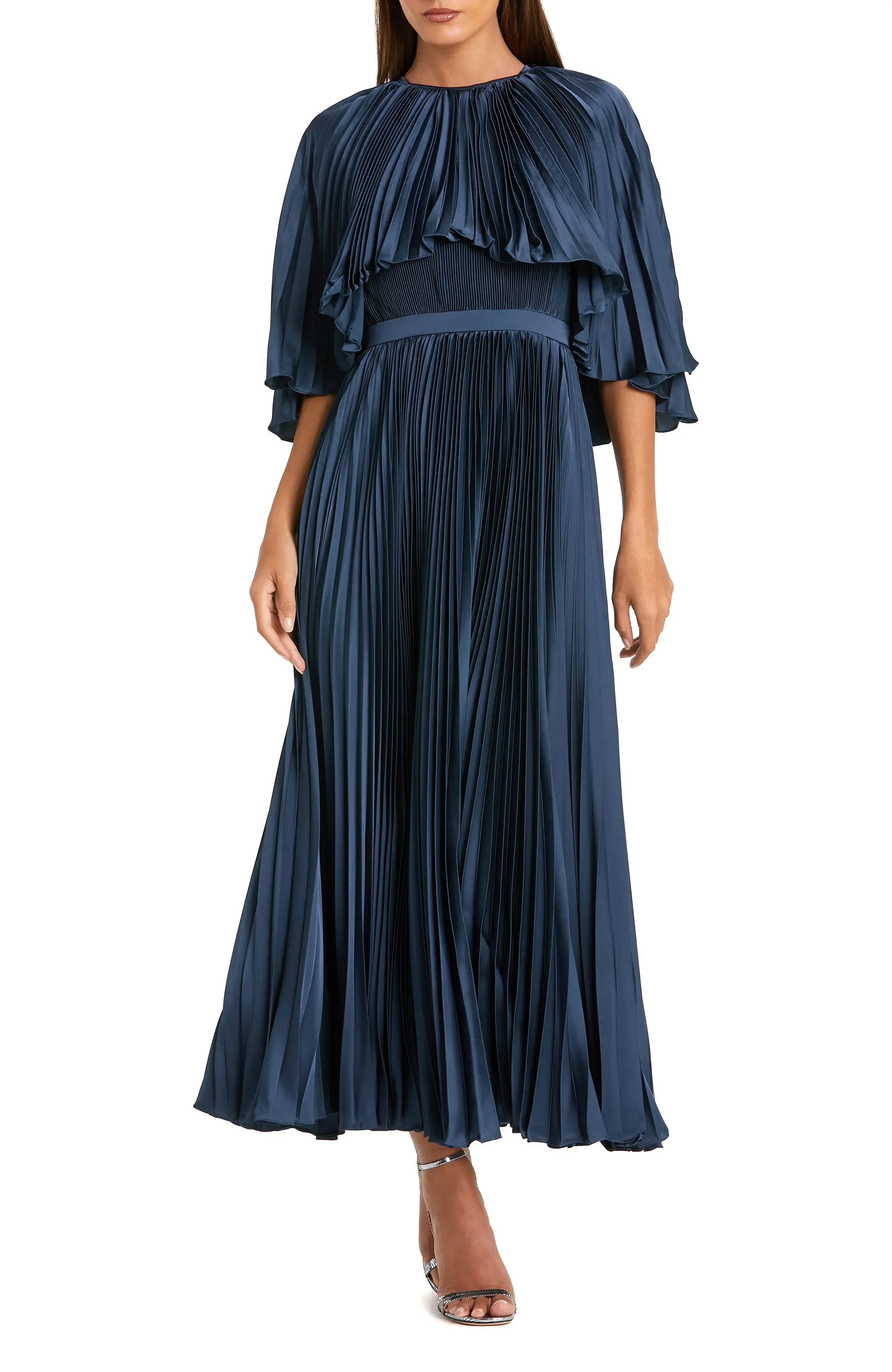 Refined Pleated A Line Crew Neck Cape Sleeve Zipper Back Floor Length Evening Dress