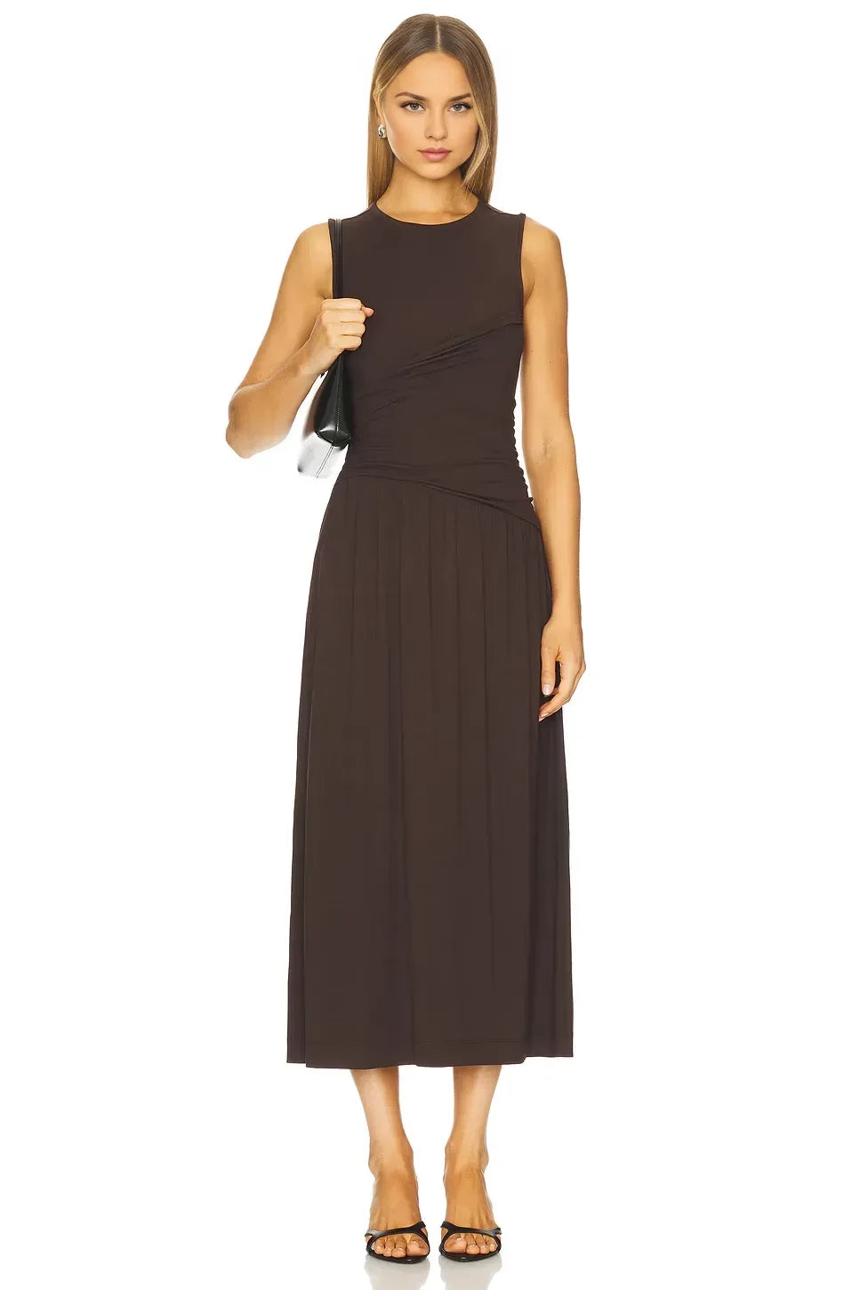 Refined Sheath Crew Neck Sleeveless Ruched Back Midi Evening Dress