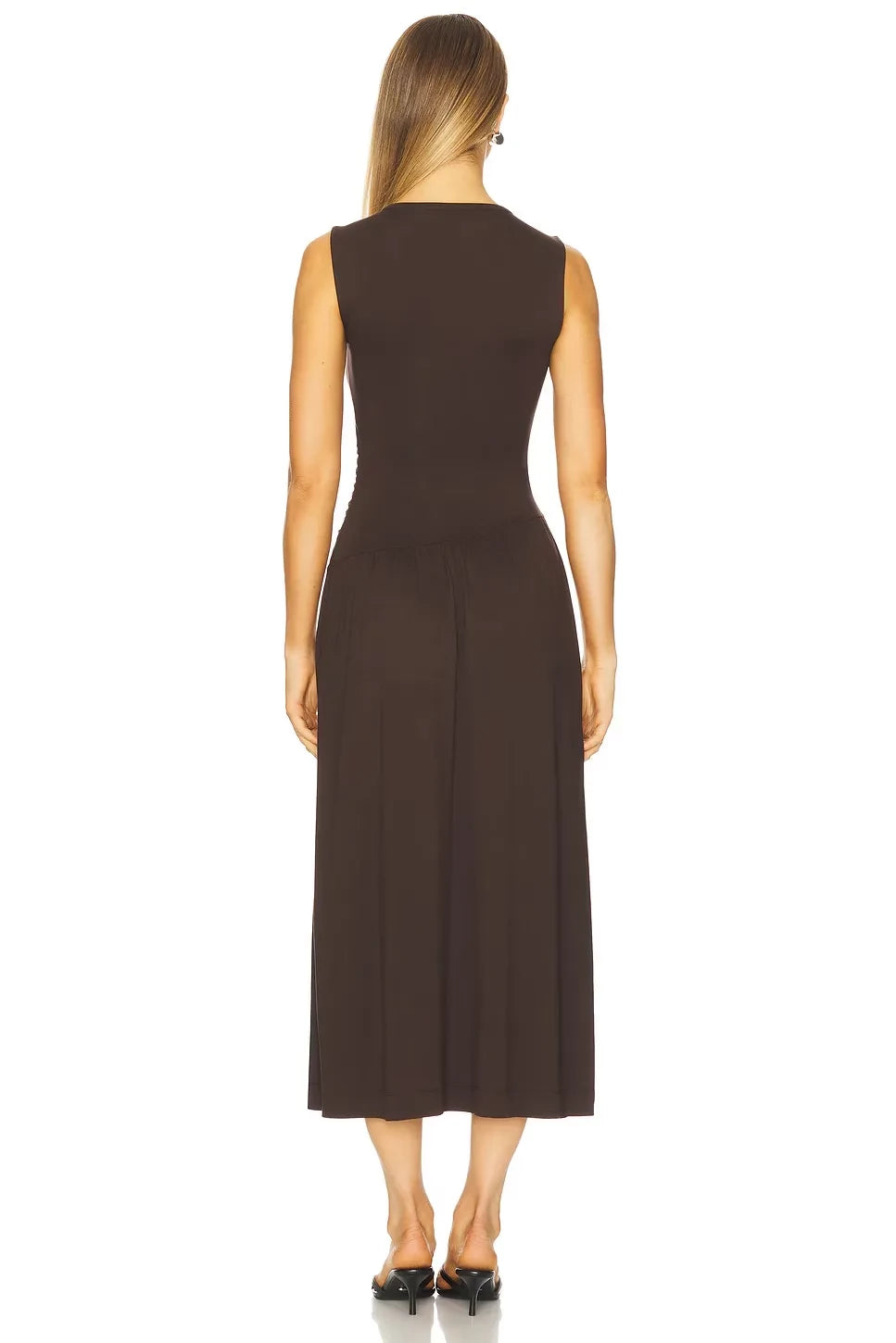 Refined Sheath Crew Neck Sleeveless Ruched Back Midi Evening Dress
