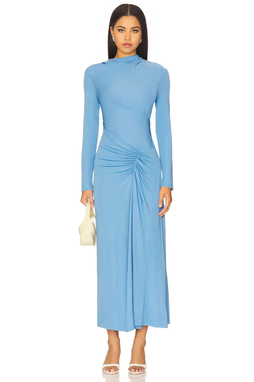 Refined Sheath High Neck Long Sleeve Ruched Back Midi Evening Dress
