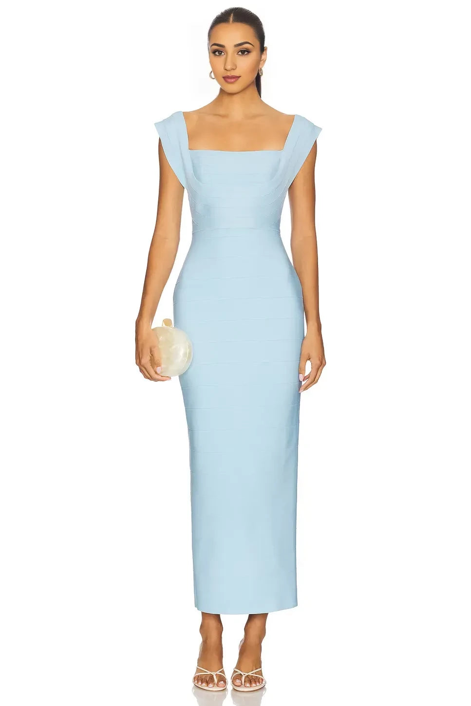 Refined Sheath Square Neck Cap Sleeve Low Back Midi Evening Dress