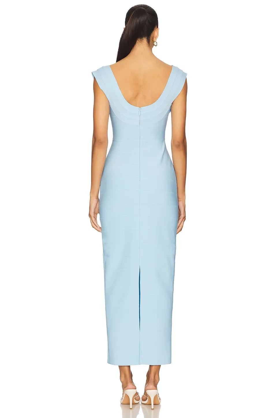 Refined Sheath Square Neck Cap Sleeve Low Back Midi Evening Dress