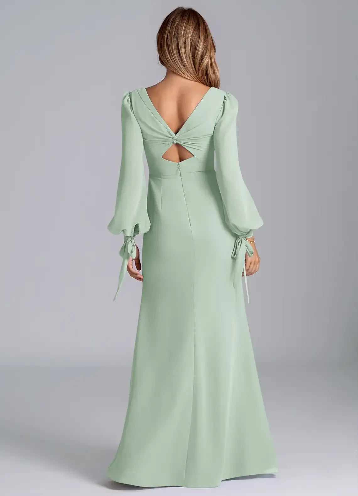 Refined Sheath Square Neck Puff Long Sleeve Cut Out Back Floor Length Bridesmaid Dress