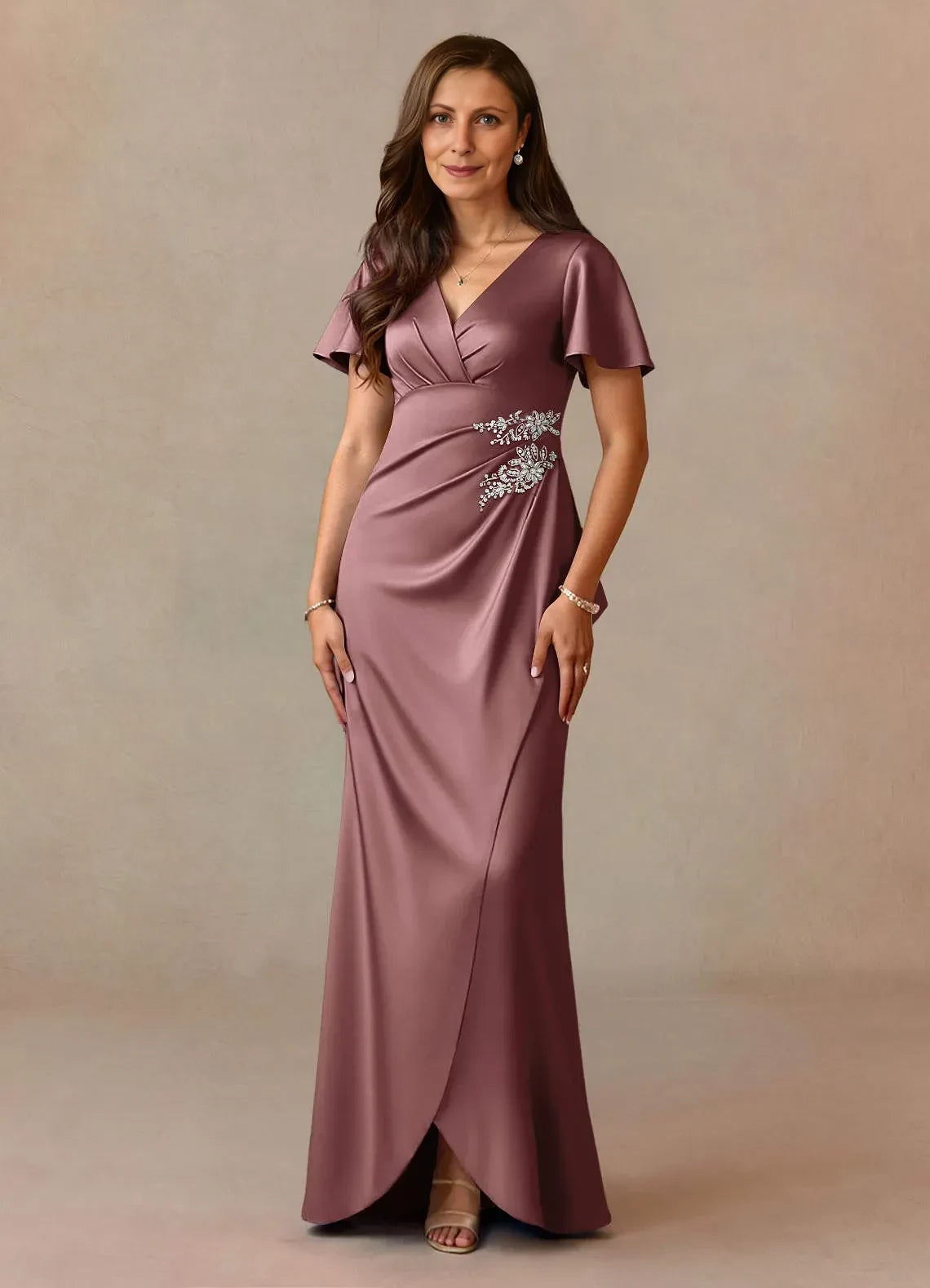 Refined Sheath V Neck Flutter Sleeve Zipper Back Asymmetrical Length Mother of the Bride Dresses