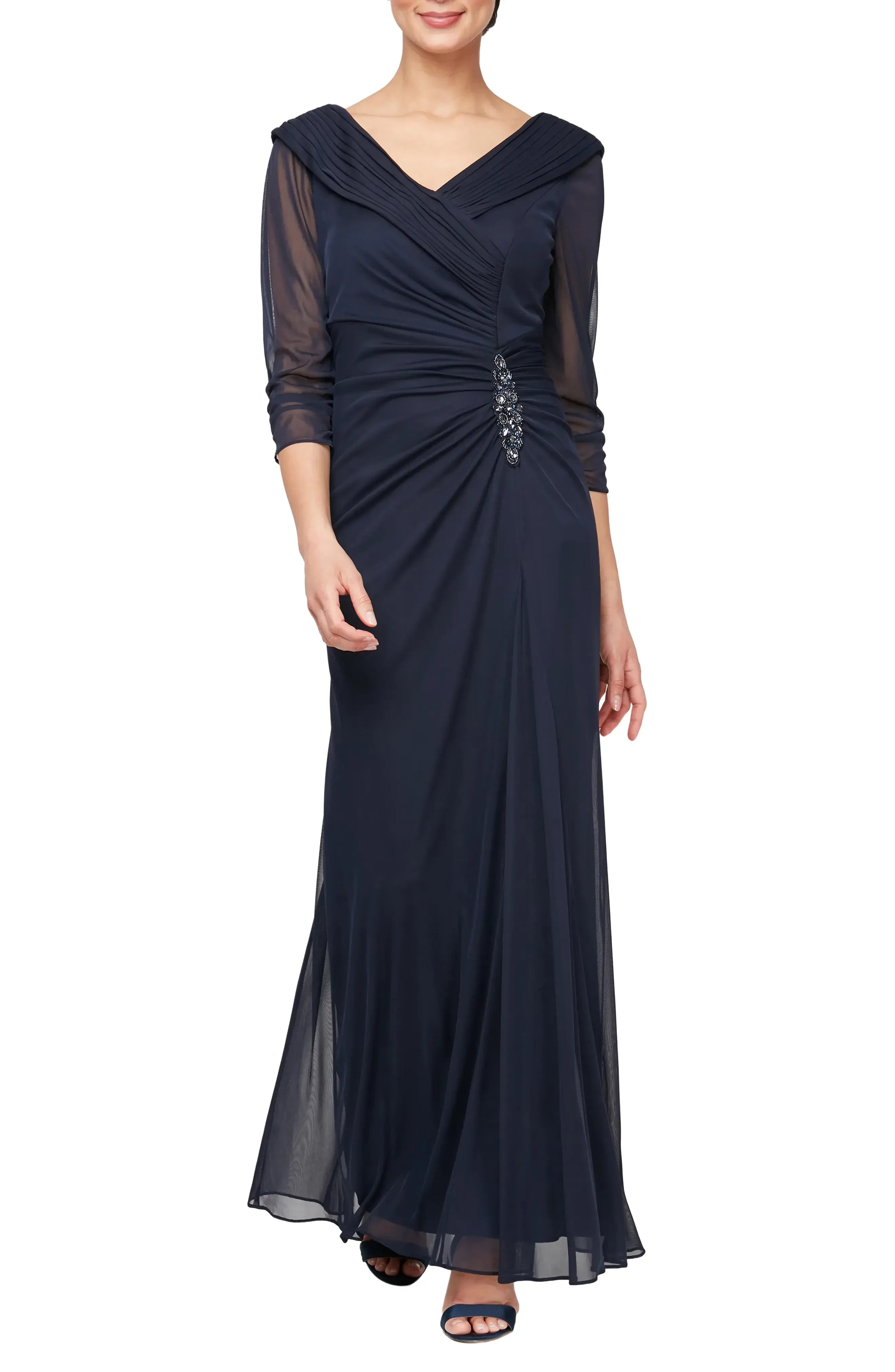 Refined Sheath V Neck Three Quarter Sleeve Zipper Back Floor Length Evening Dress