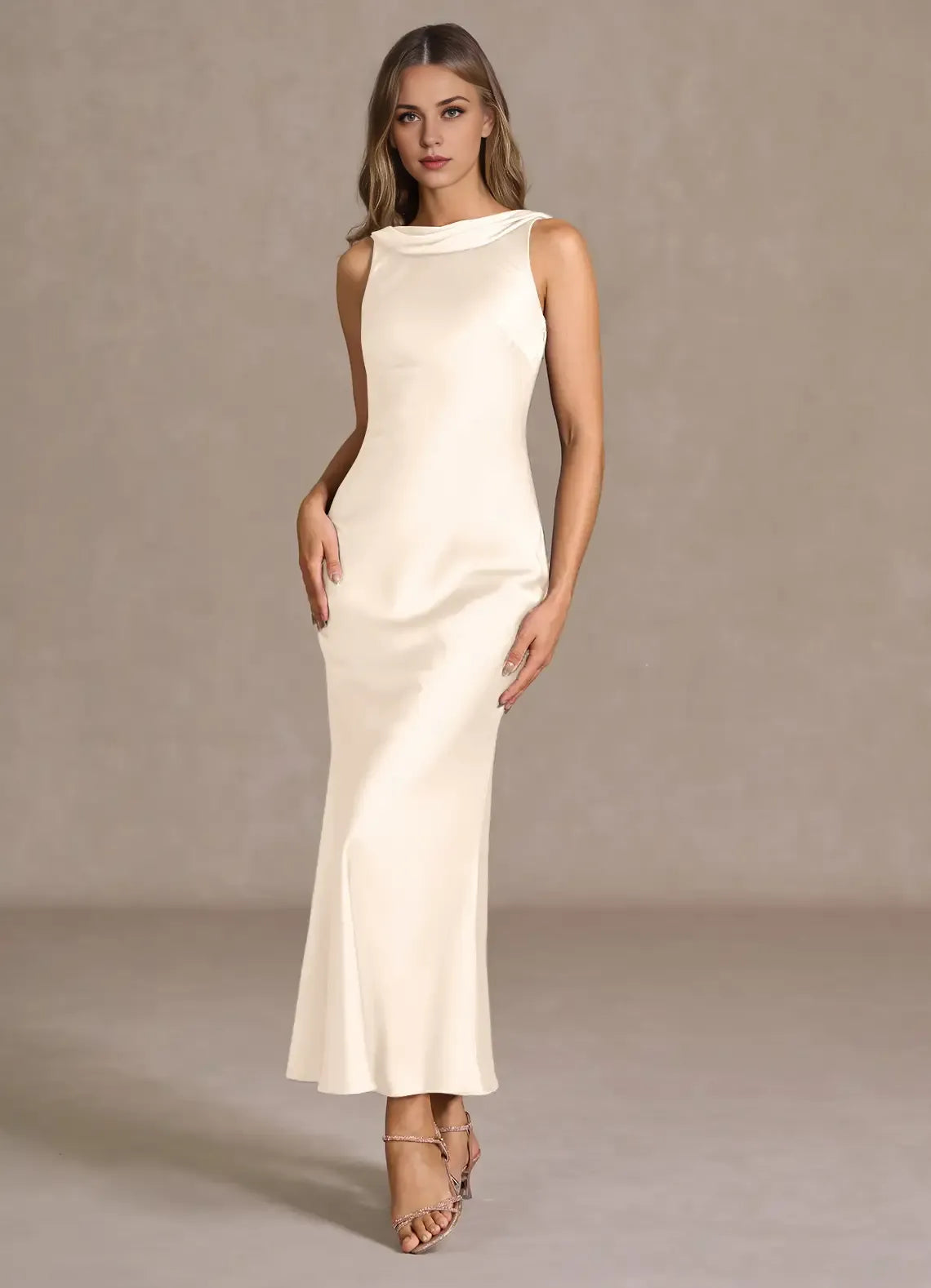Refined Trumpet Cowl Neck Sleeveless Open Back Midi Length For Ladies Prom Dress