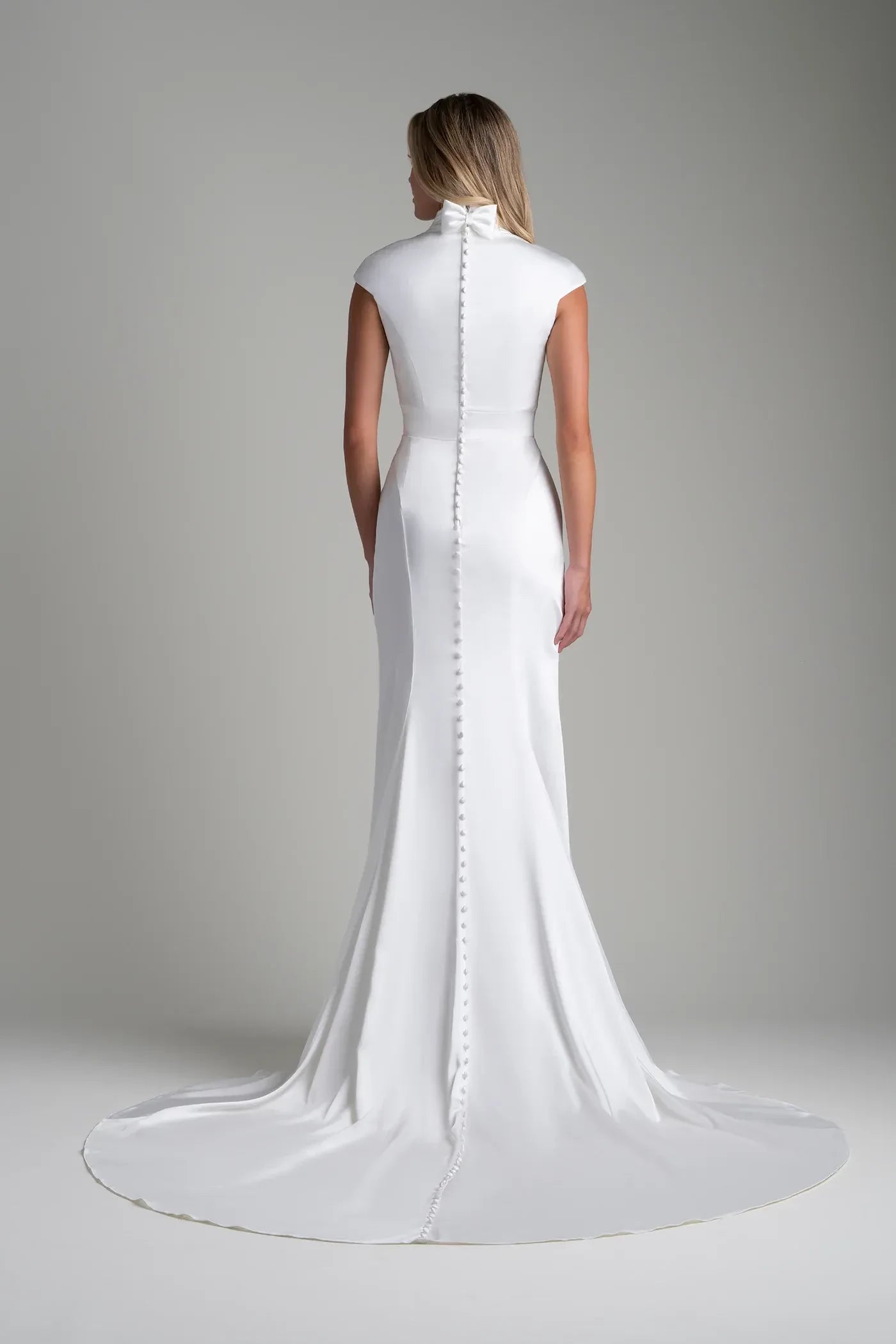 Refined Trumpet High Neck Cap Sleeve Button Back Floor Length Wedding Dress