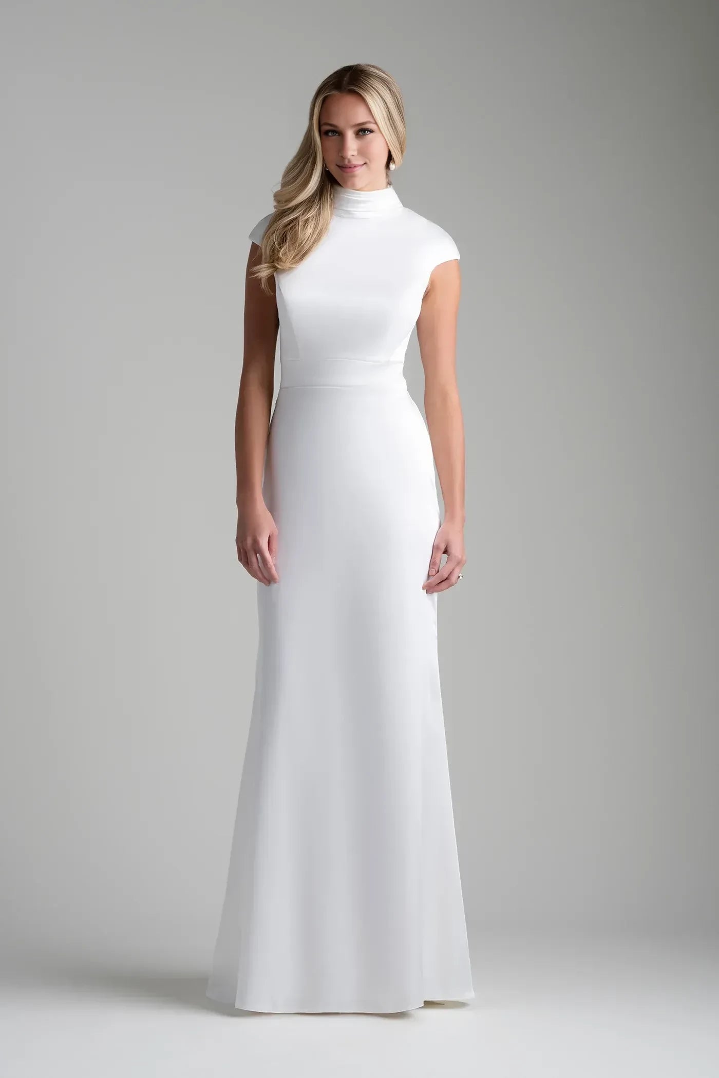 Refined Trumpet High Neck Cap Sleeve Button Back Floor Length Wedding Dress