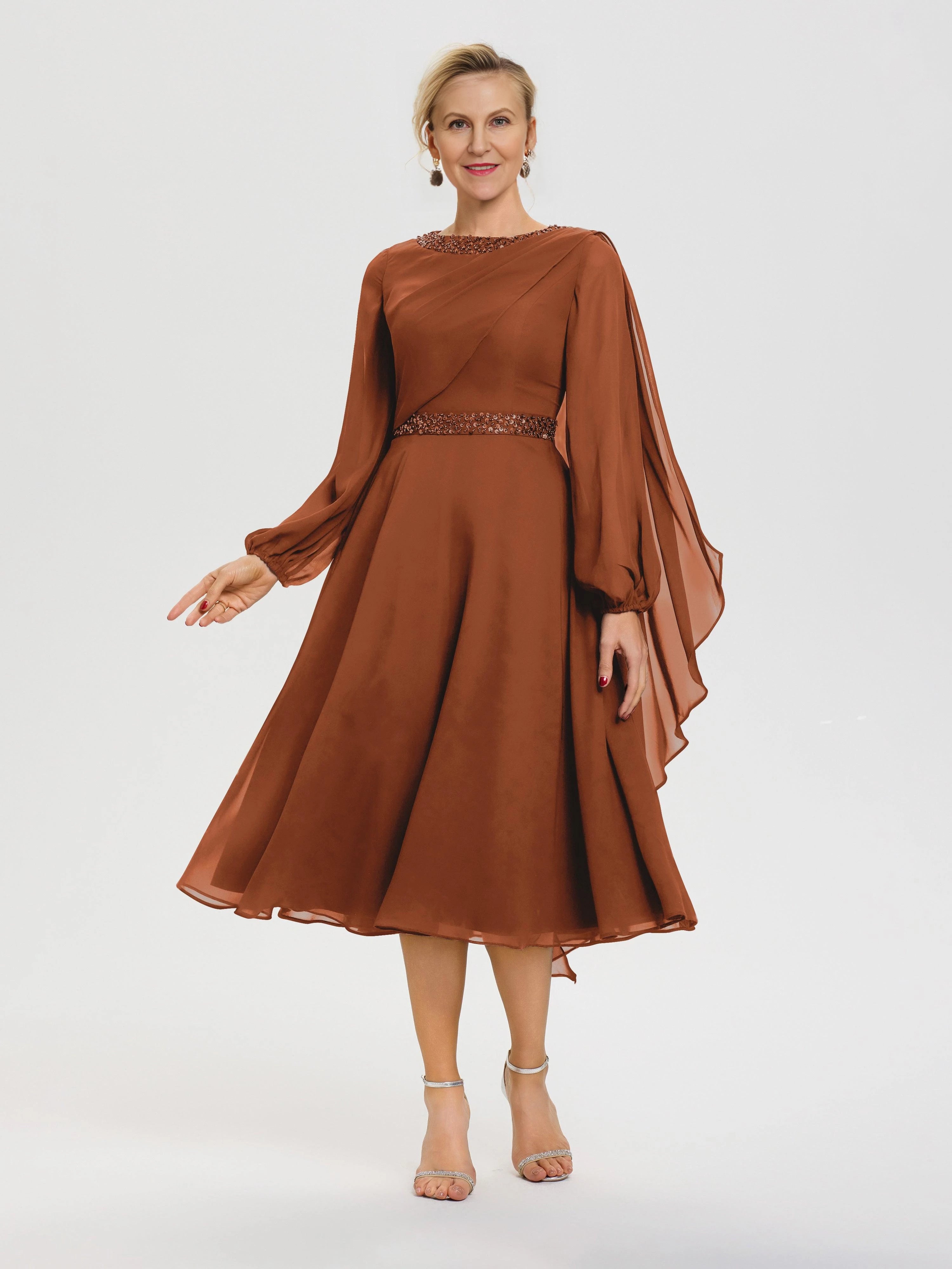 Regal A Line Jewel Neck Bishop Sleeve Beaded Back Midi Length Mother of the Bride Dress