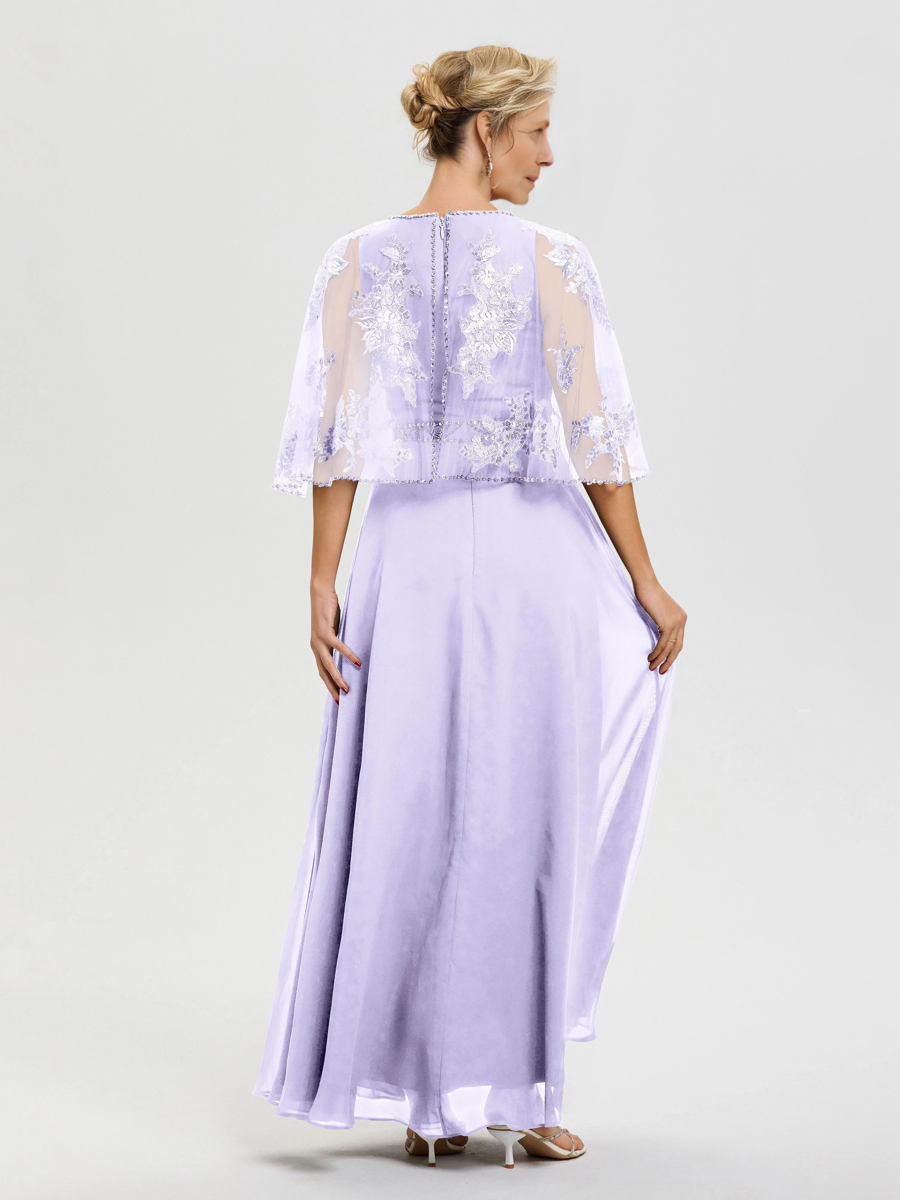 Regal A Line Jewel Neck Cape Sleeve Beaded Back Floor Length Mother of the Bride Dress