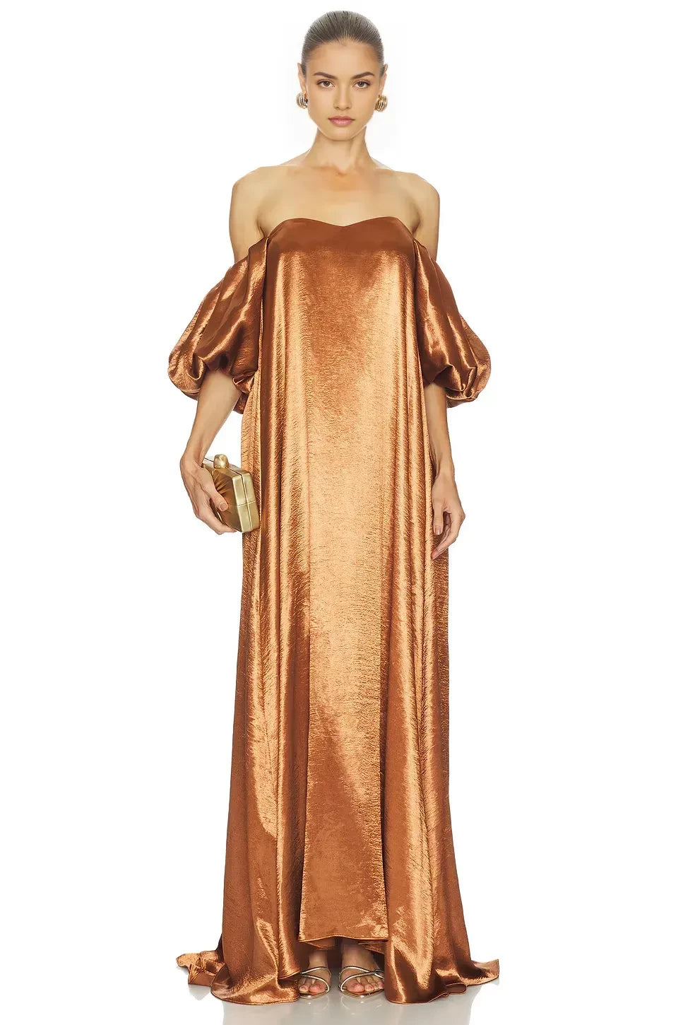 Regal A Line Off Shoulder Puff Sleeve Plunge Back Floor Length Evening Dress