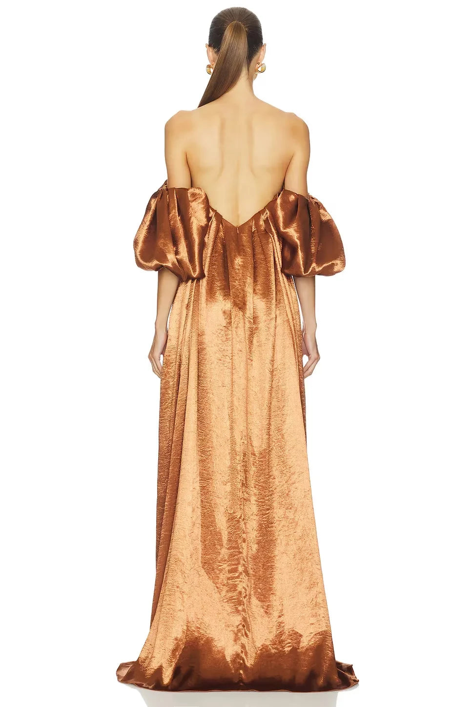 Regal A Line Off Shoulder Puff Sleeve Plunge Back Floor Length Evening Dress