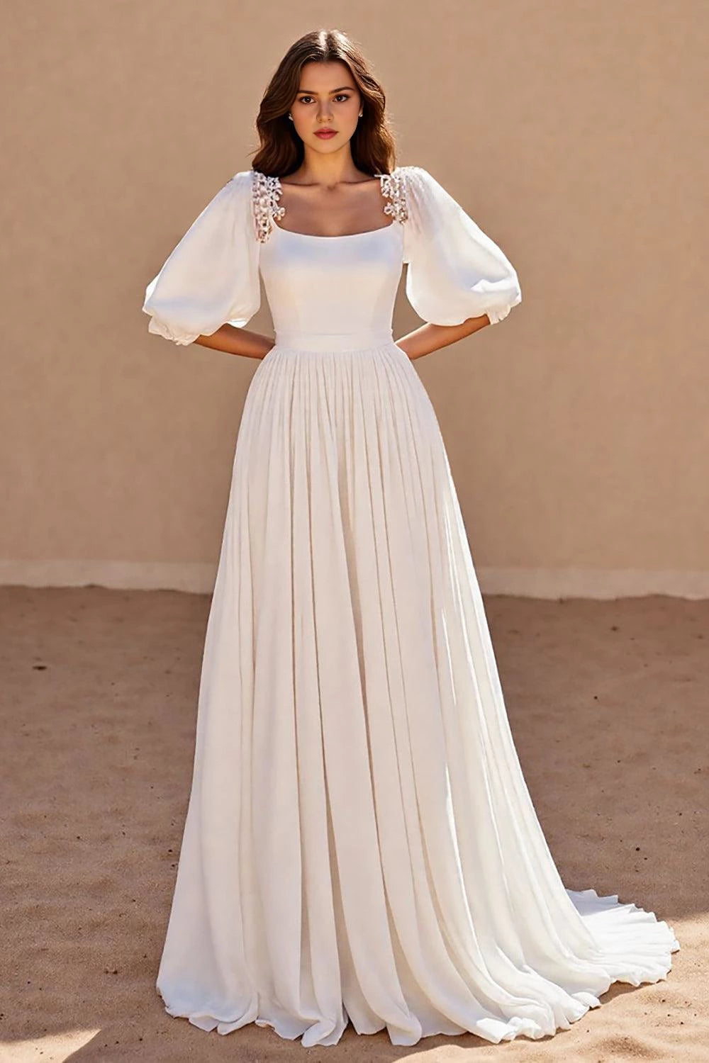 Regal A Line Square Neck Puff Sleeve Open Back Floor Length Wedding Dress