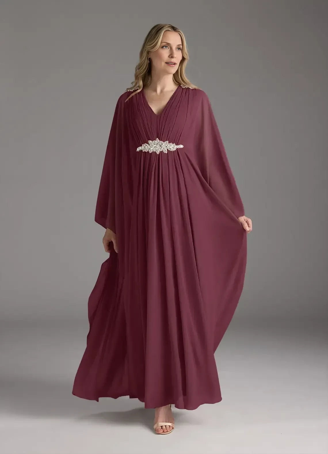 Regal A Line V Neck Batwing Sleeve Zipper Back Floor Length Mother of the Bride Dress