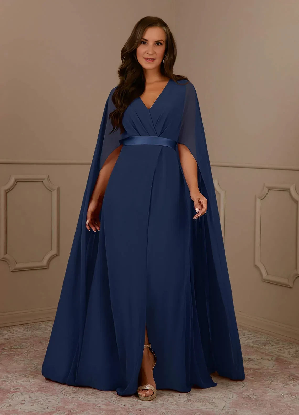 Regal A Line V Neck Cape Sleeve Zip Back Floor Length Mother of the Bride Dress