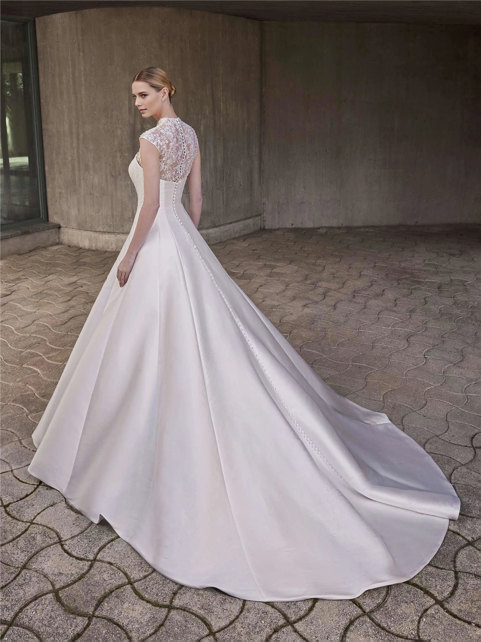 Regal Ball Gown High Neck Cap Sleeve Button Back Floor Length Wedding Dress