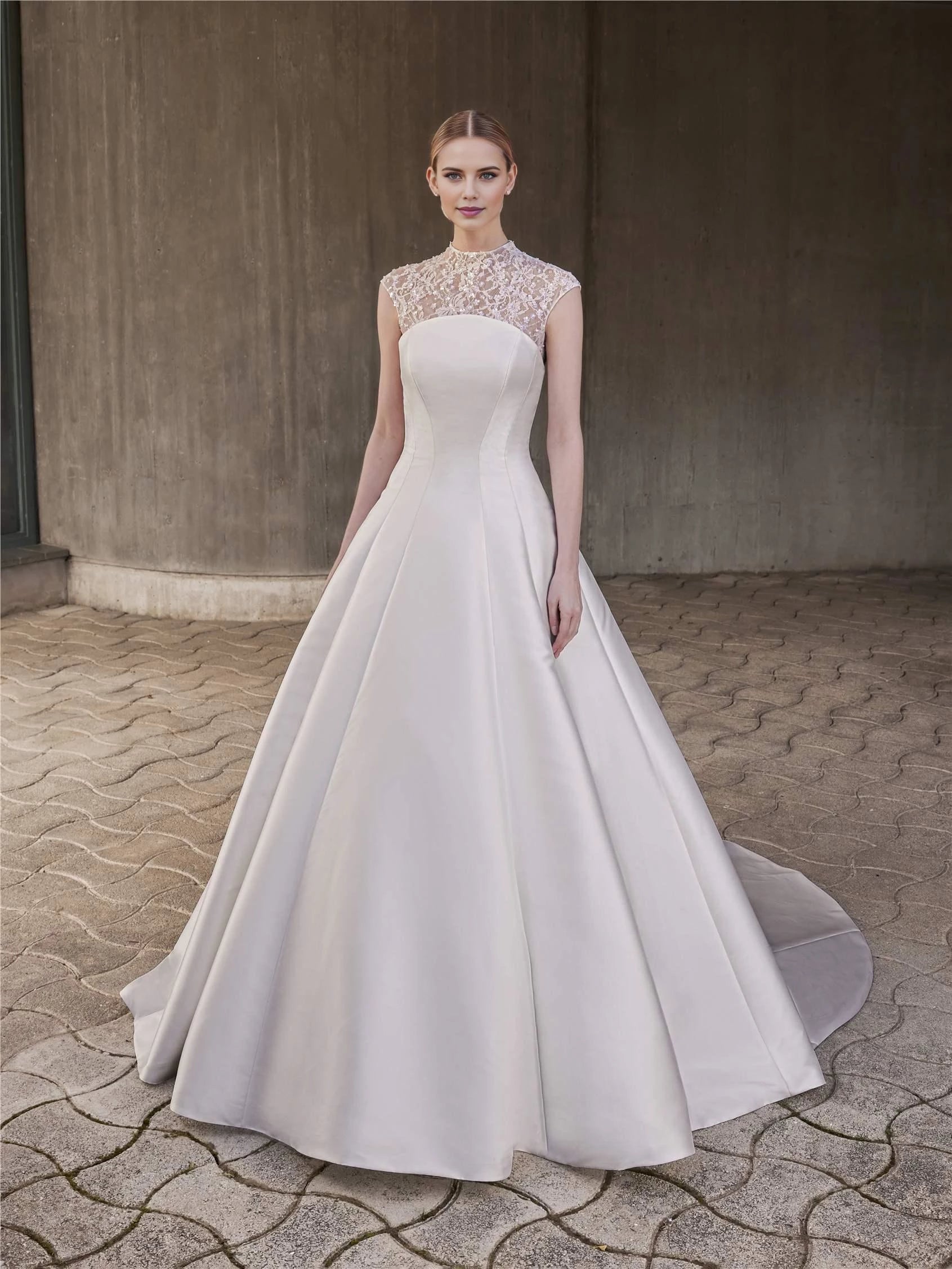 Regal Ball Gown High Neck Cap Sleeve Button Back Floor Length Wedding Dress