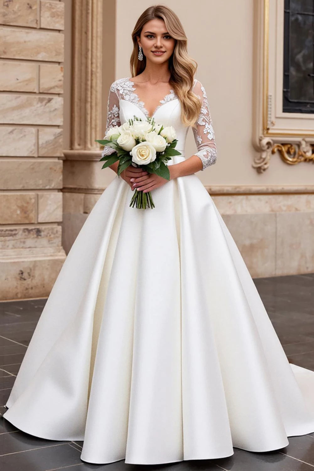 Regal Ball Gown V Neck Lace Half Sleeve Button Back Floor Length Wedding Dress