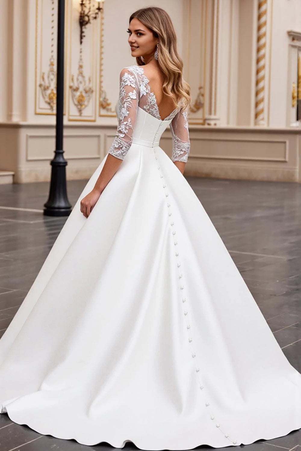 Regal Ball Gown V Neck Lace Half Sleeve Button Back Floor Length Wedding Dress