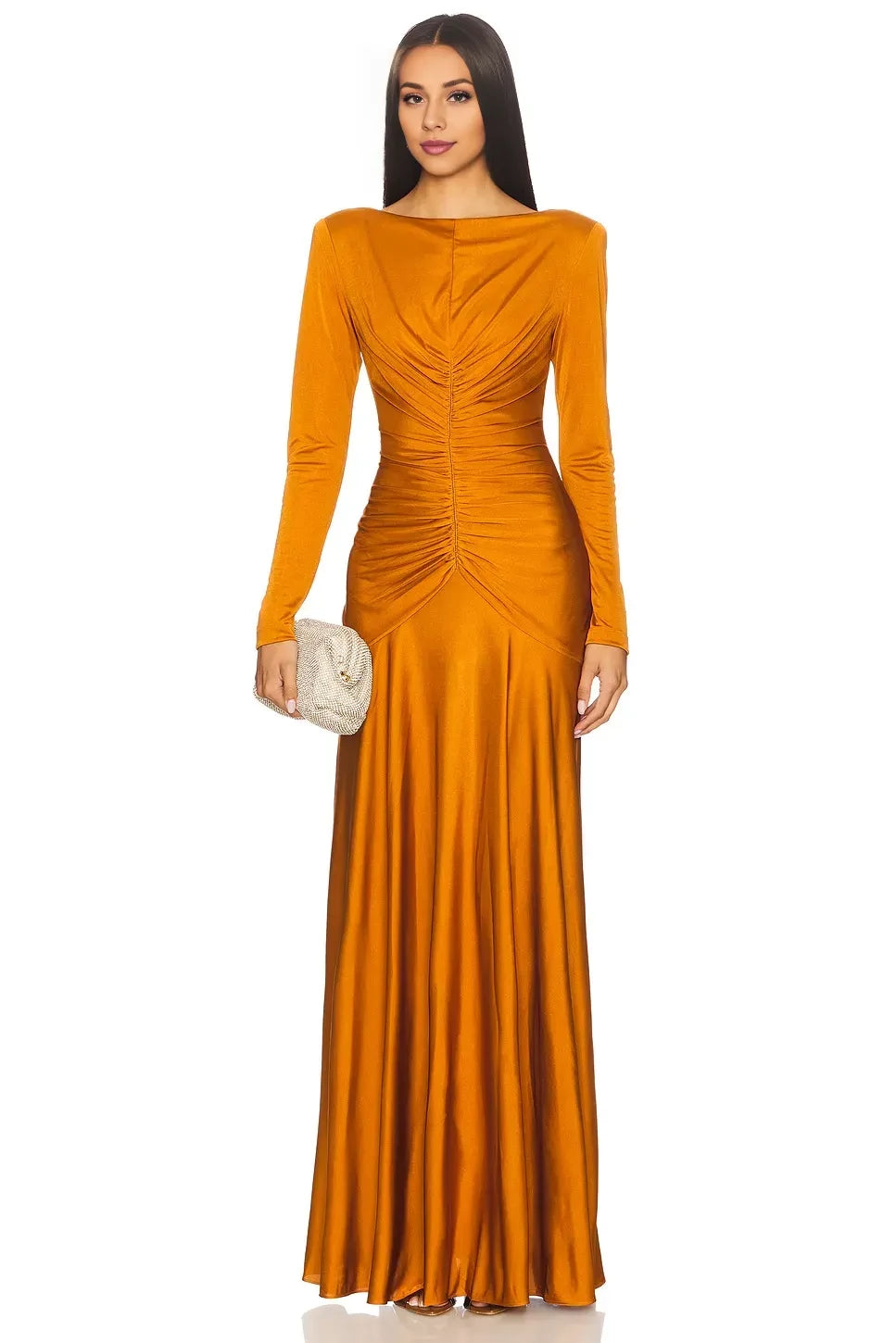 Regal Sheath Boat Neck Long Sleeve Ruched Back Floor Length Evening Dress