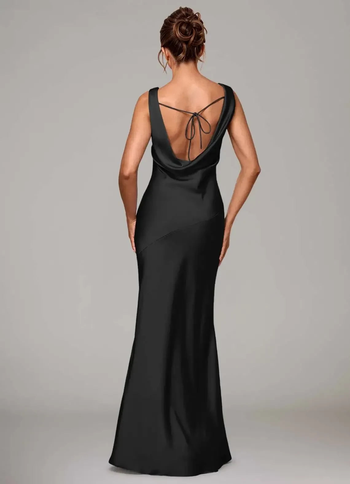 Regal Sheath Cowl Neck Sleeveless Tie Back Floor Length Bridesmaid Dress