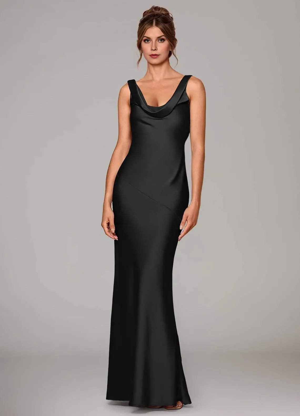 Regal Sheath Cowl Neck Sleeveless Tie Back Floor Length Bridesmaid Dress