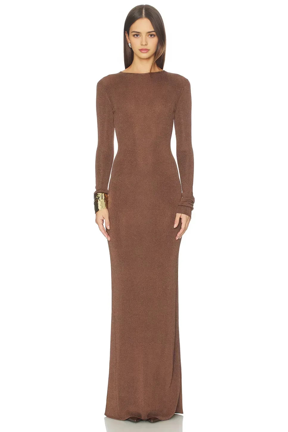 Regal Sheath Crew Neck Long Sleeve Cutout Back Floor Length Evening Dress