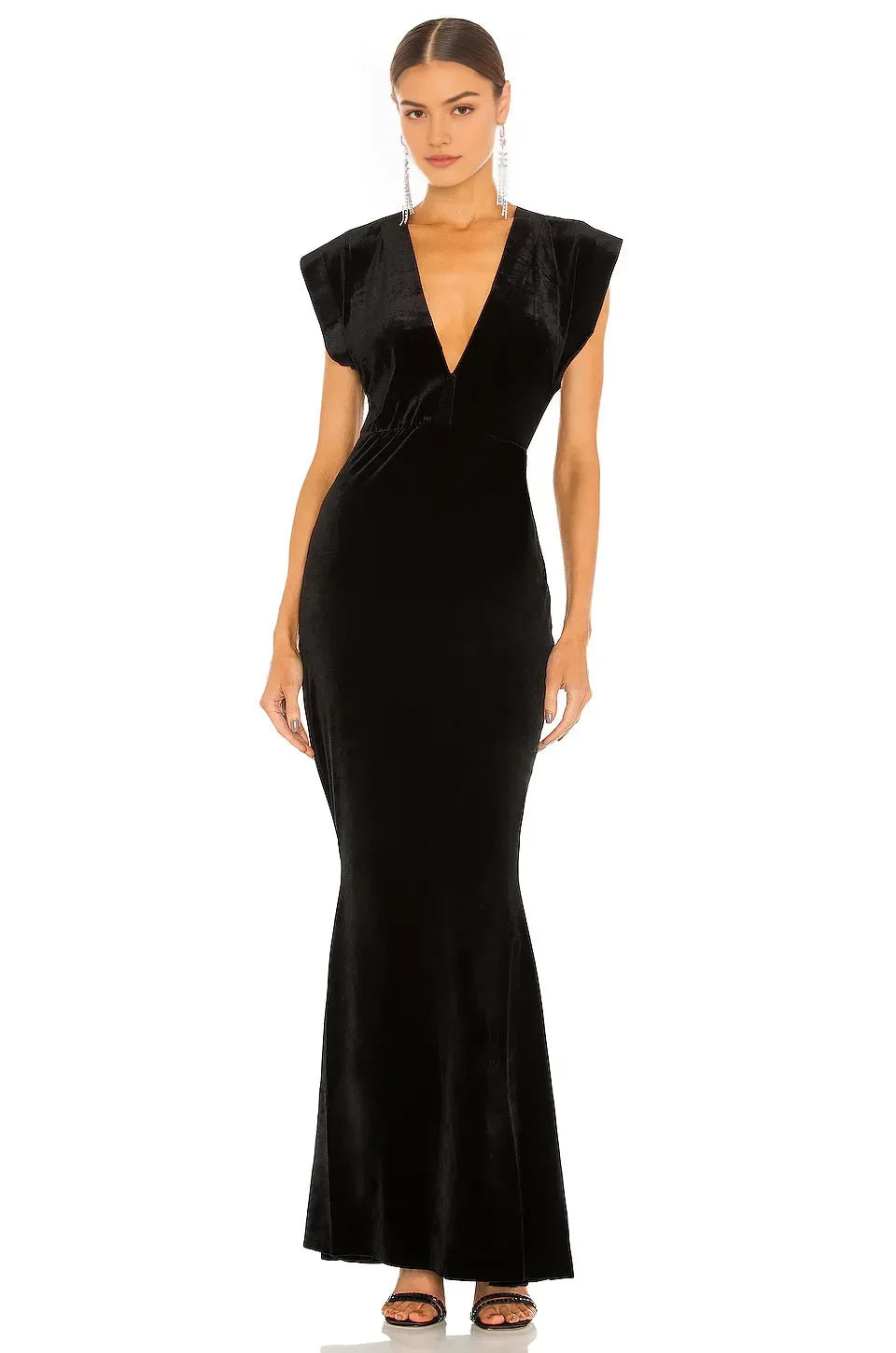 Regal Sheath Plunge Neck Cap Sleeve Ruched Back Floor Length Evening Dress