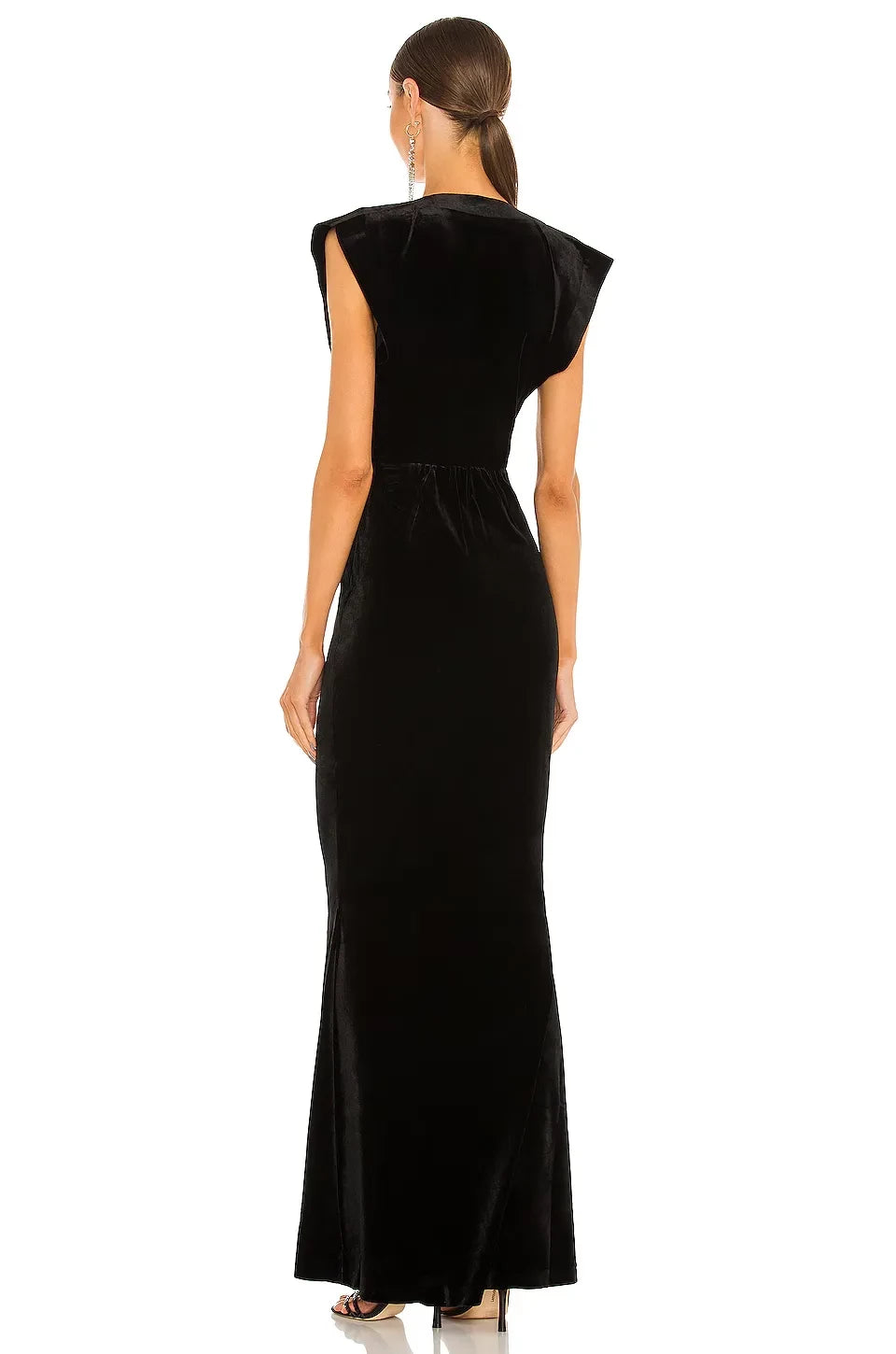 Regal Sheath Plunge Neck Cap Sleeve Ruched Back Floor Length Evening Dress
