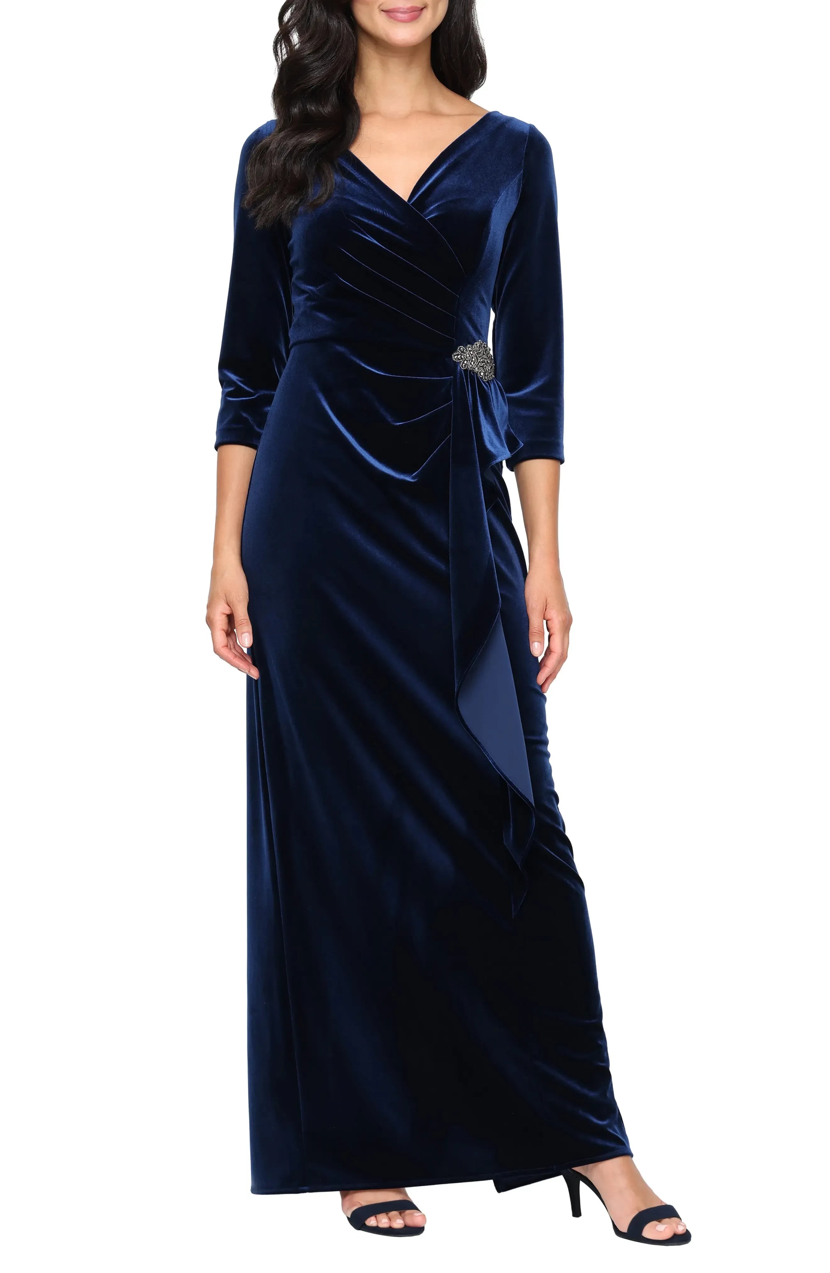 Regal Sheath V Neck Three Quarter Sleeve Zipper Back Floor Length Evening Dress ﻿